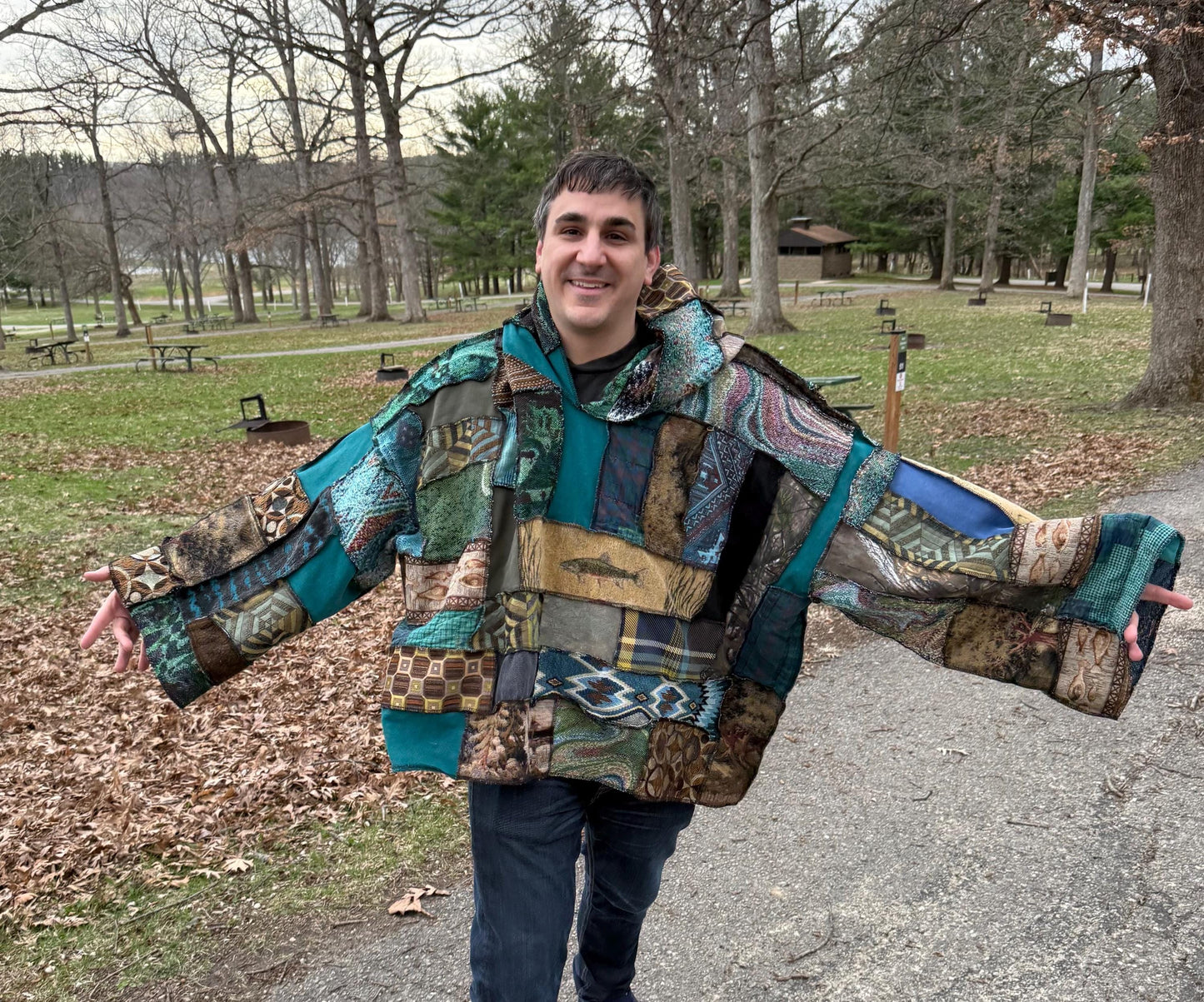 Gone Fishin’ Extra Oversized Fiber Art Patchwork Pullover