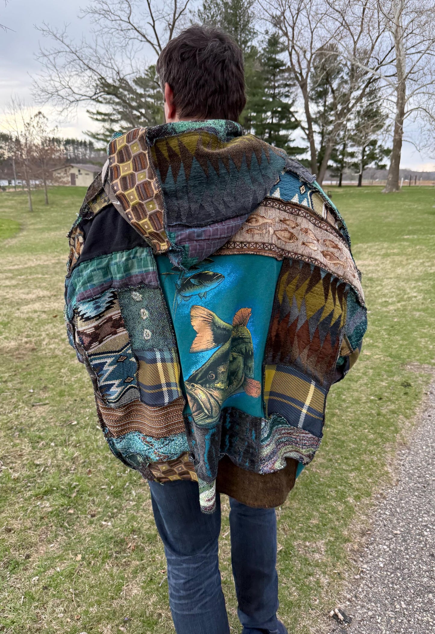 Gone Fishin’ Extra Oversized Fiber Art Patchwork Pullover