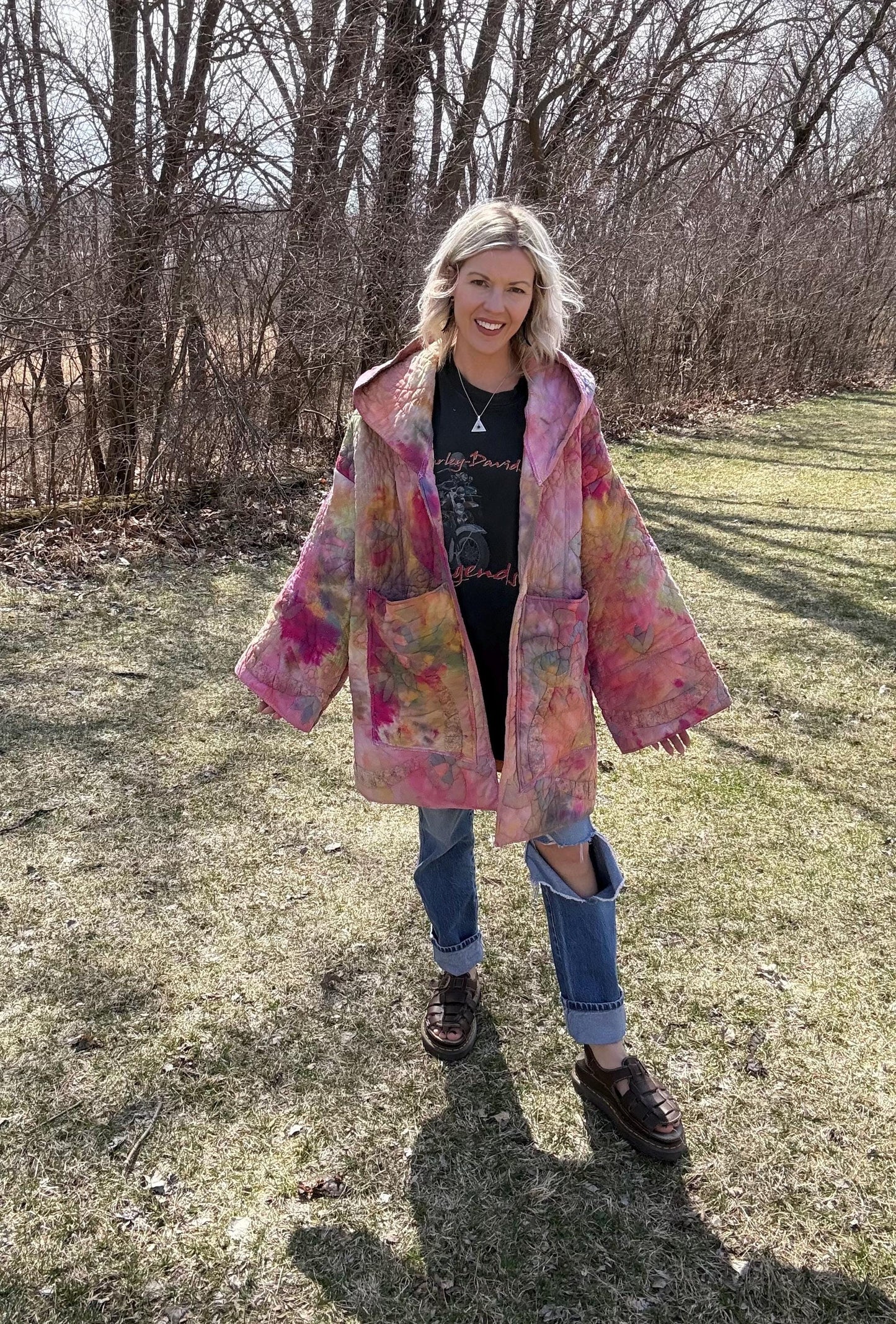 Flower Power Artsy Boho Hooded Quilt Coat