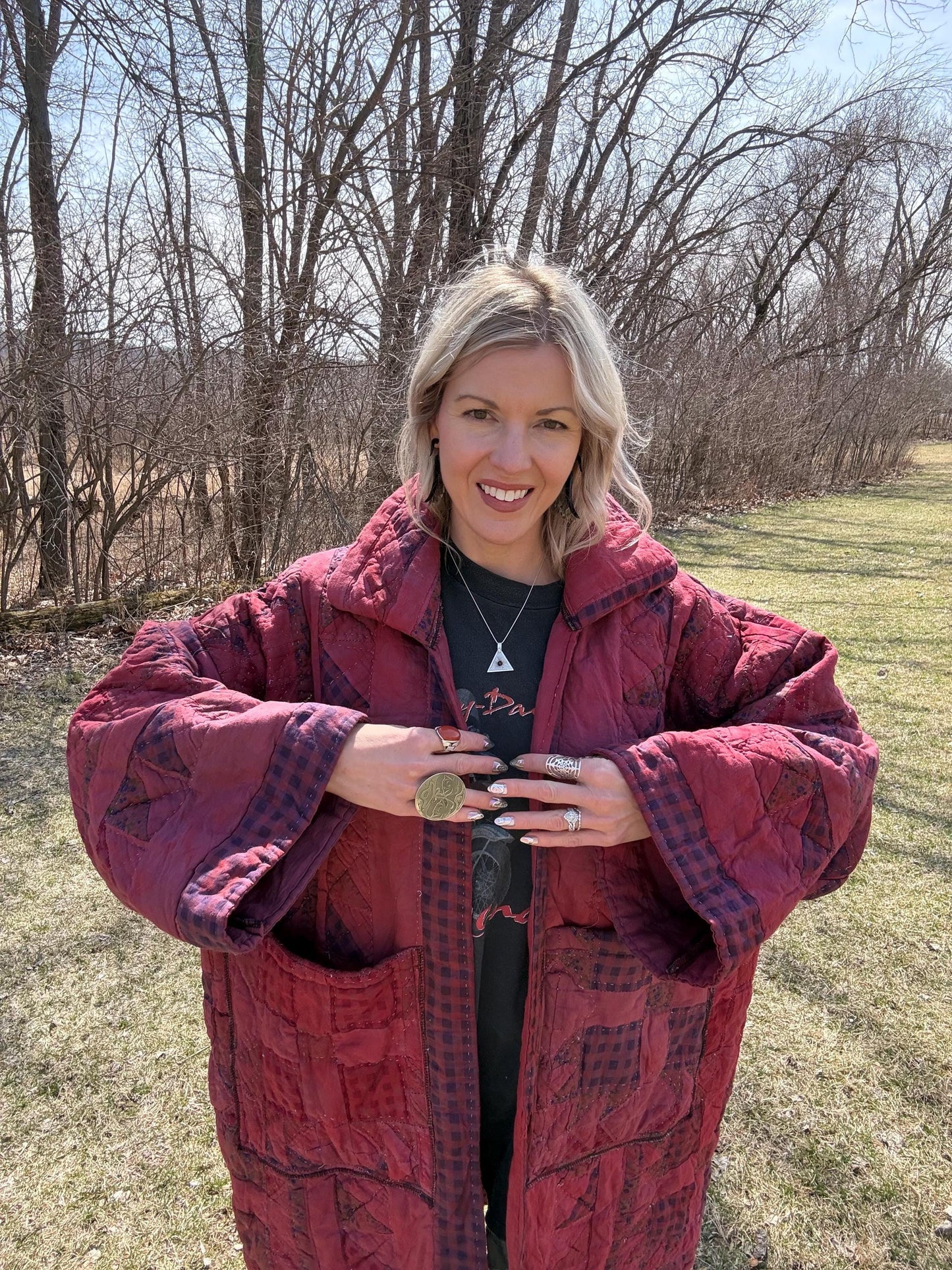 Cranberry Cuddles Oversized Statement Quilt Coat