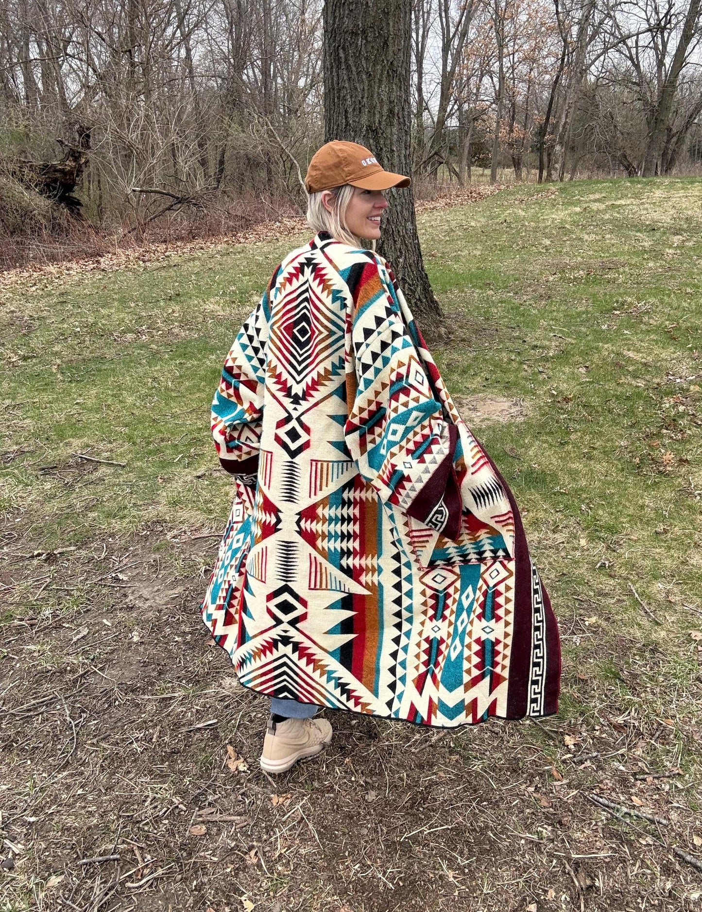 Western Sunsets Geometric Alpaca Wool Handmade Blanket Coat