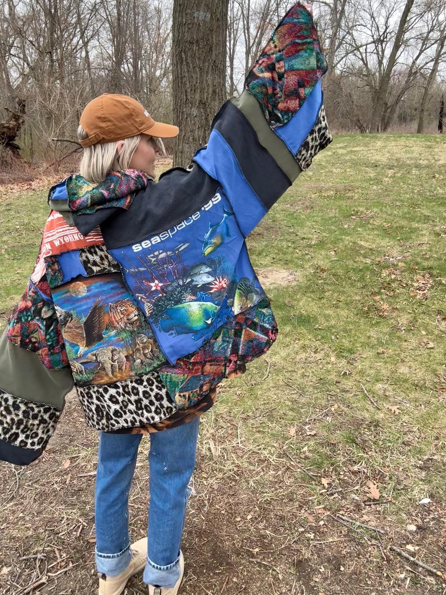 Cosmic Creatures Patchwork Oversized Hooded Statement Pullover, One-Of-A-Kind, Wearable Art