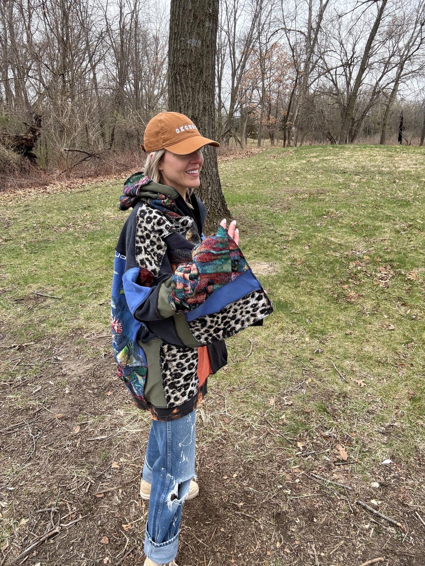 Cosmic Creatures Patchwork Oversized Hooded Statement Pullover, One-Of-A-Kind, Wearable Art