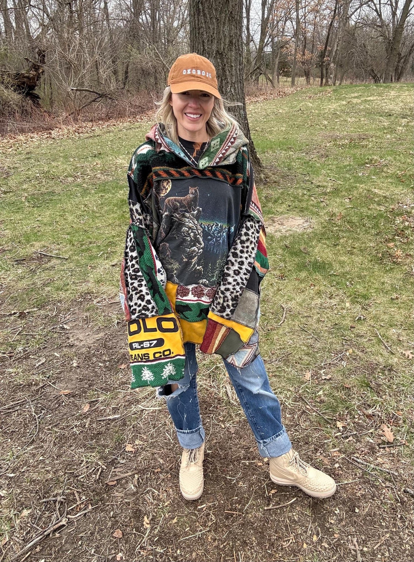 Wildlife Love Patchwork Oversized Hooded Statement Pullover, One-Of-A-Kind, Wearable Art