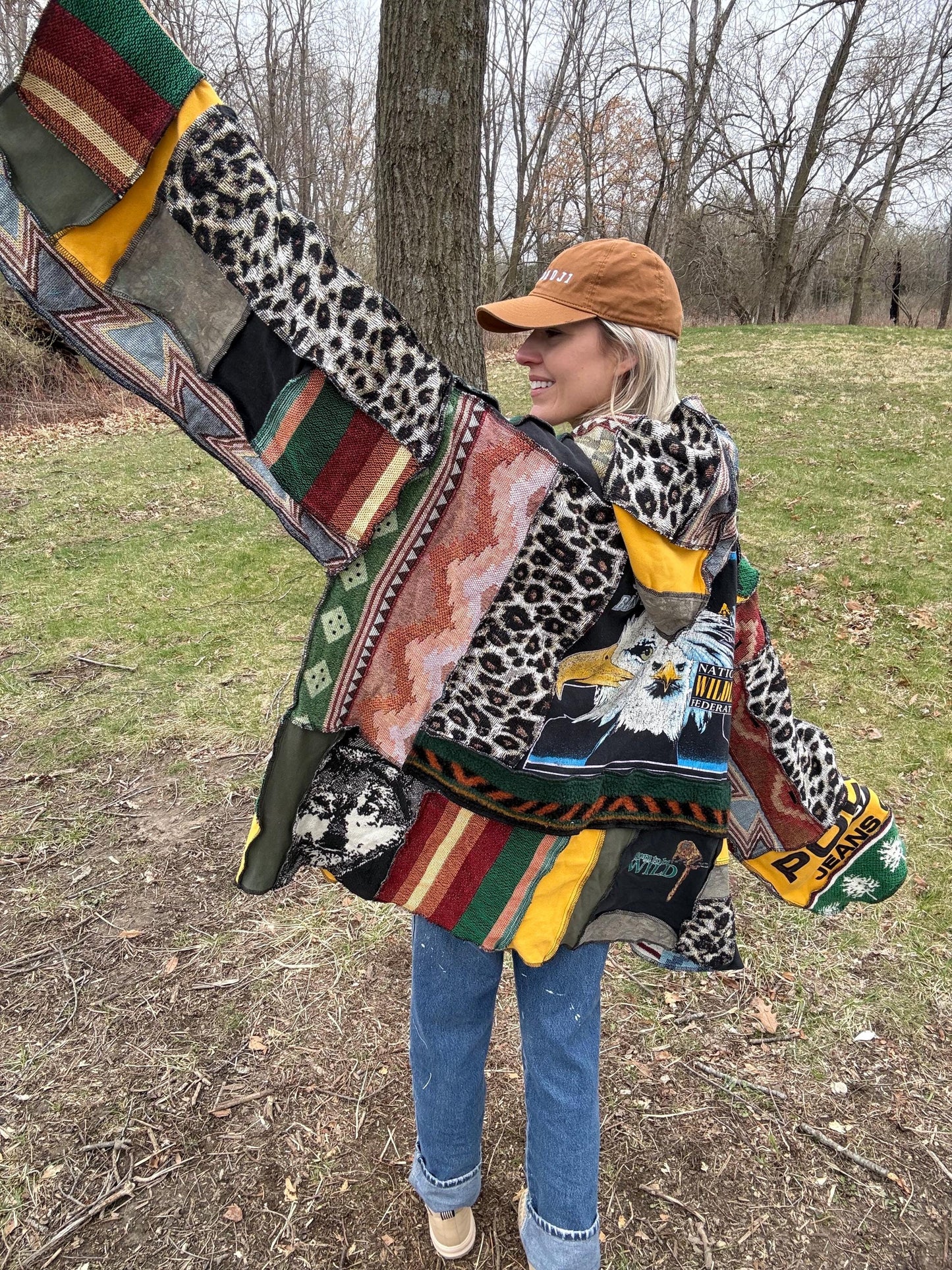 Wildlife Love Patchwork Oversized Hooded Statement Pullover, One-Of-A-Kind, Wearable Art