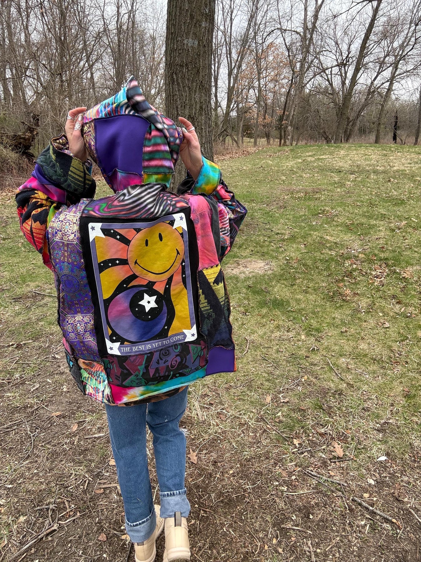 Hippie Heart Psychedelic Rainbow Fiber Art Patchwork Pullover