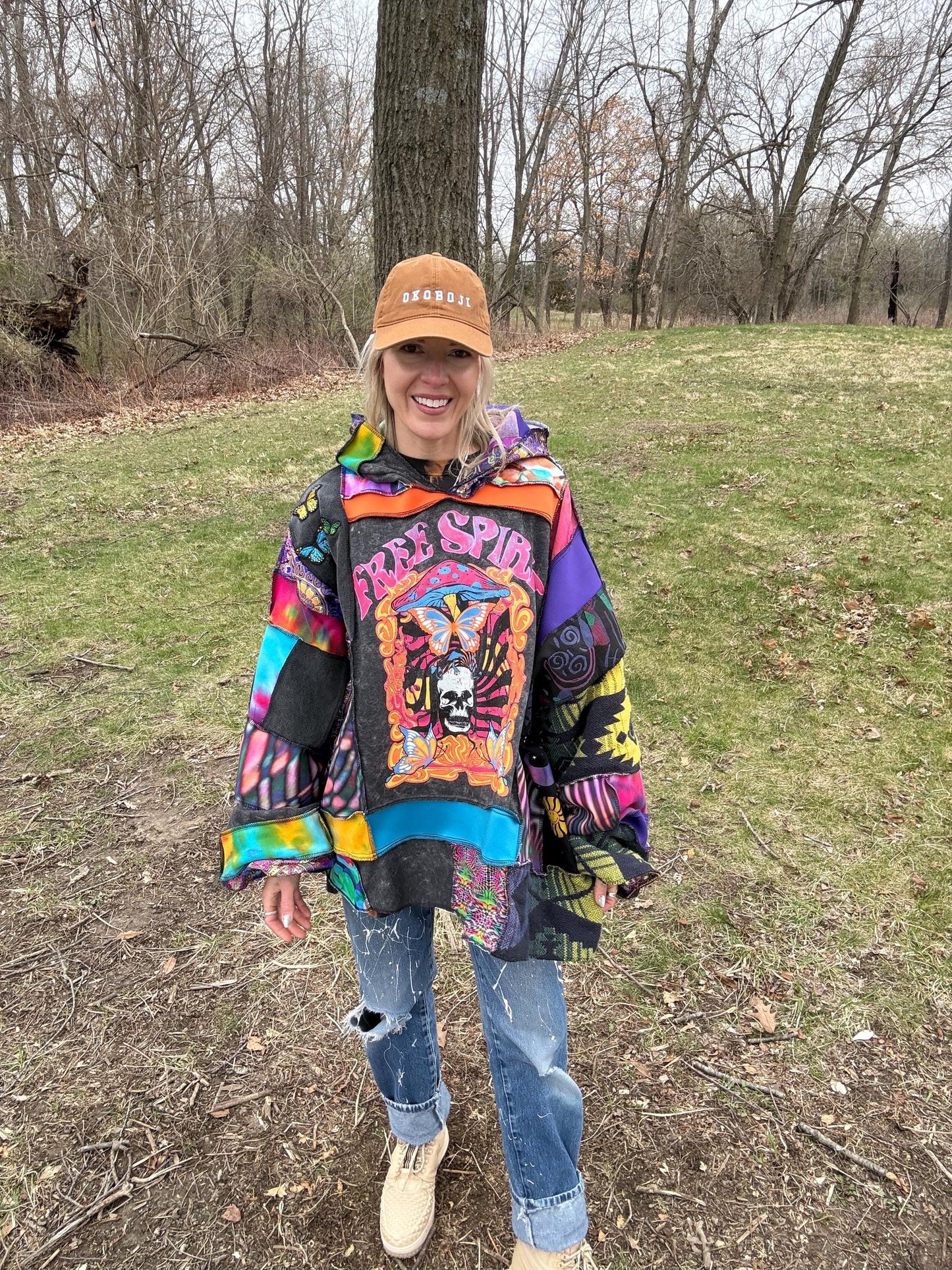 Hippie Heart Psychedelic Rainbow Fiber Art Patchwork Pullover
