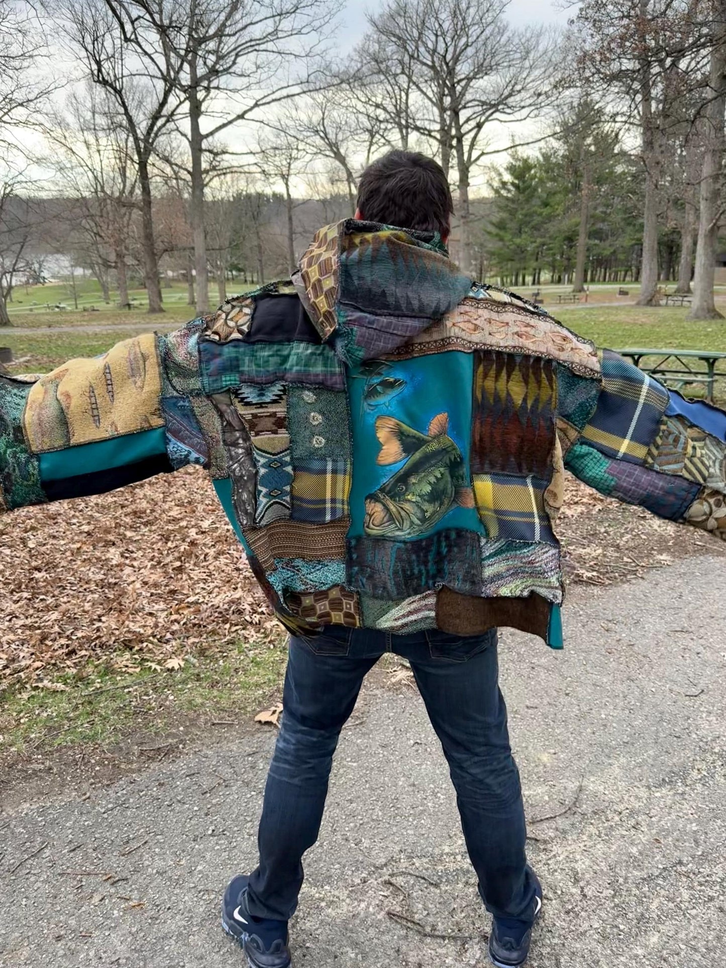 Gone Fishin’ Extra Oversized Fiber Art Patchwork Pullover
