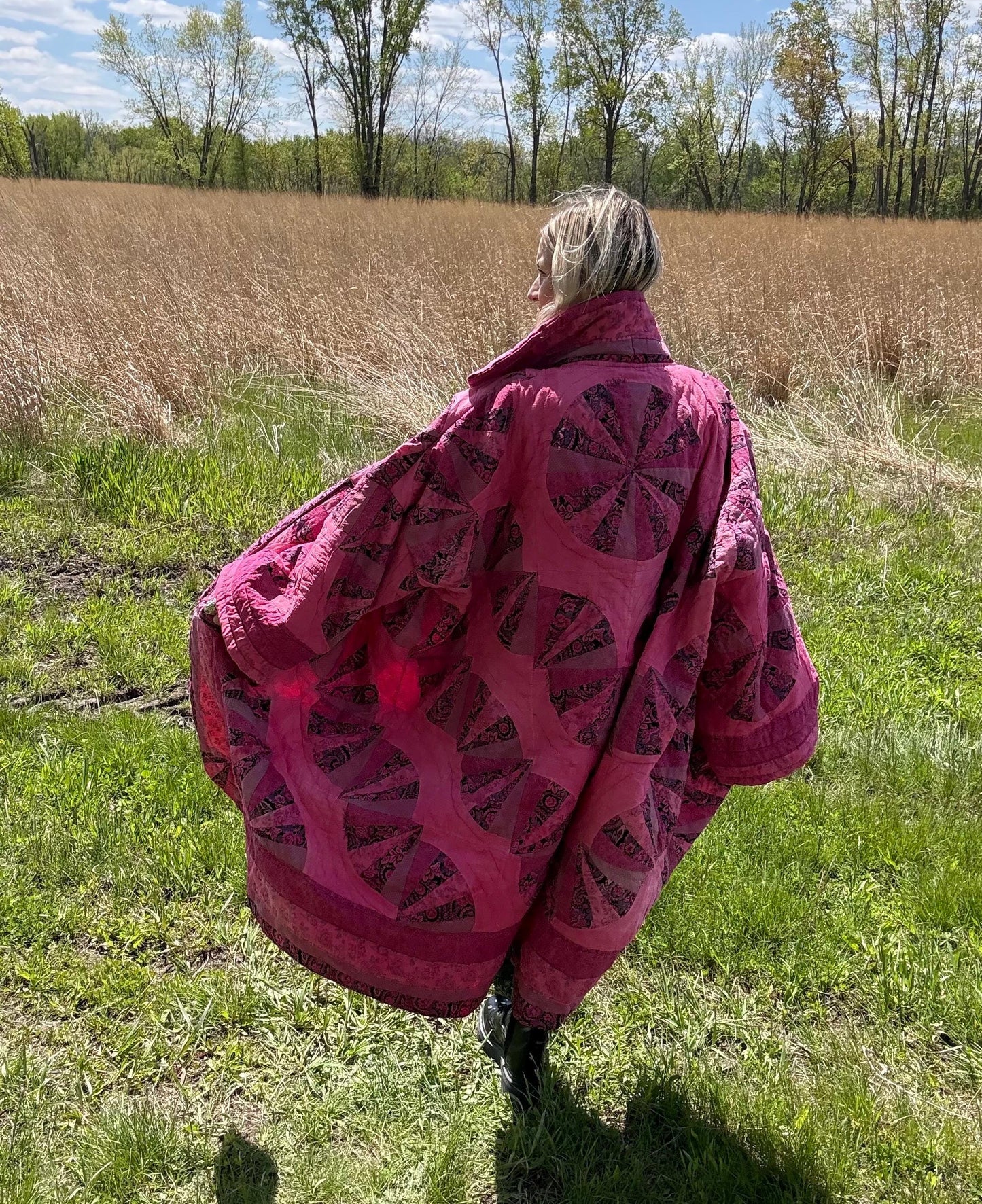 Hot Pink Wheel Of Life Oversized Maximalist Quilt Coat