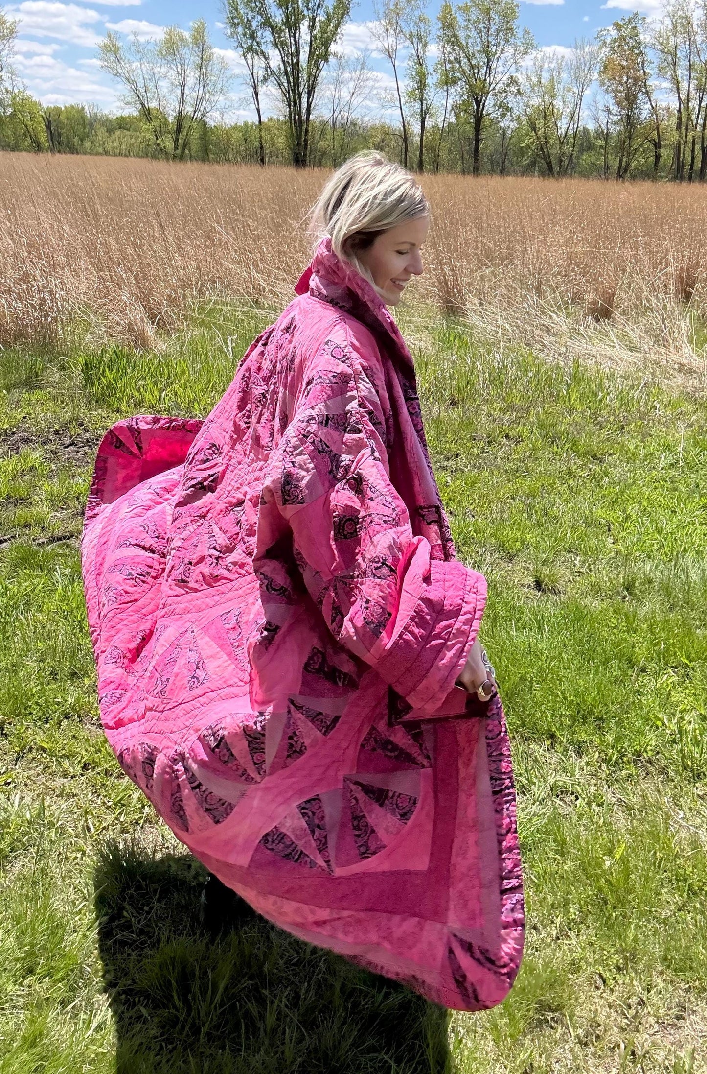 Hot Pink Wheel Of Life Oversized Maximalist Quilt Coat