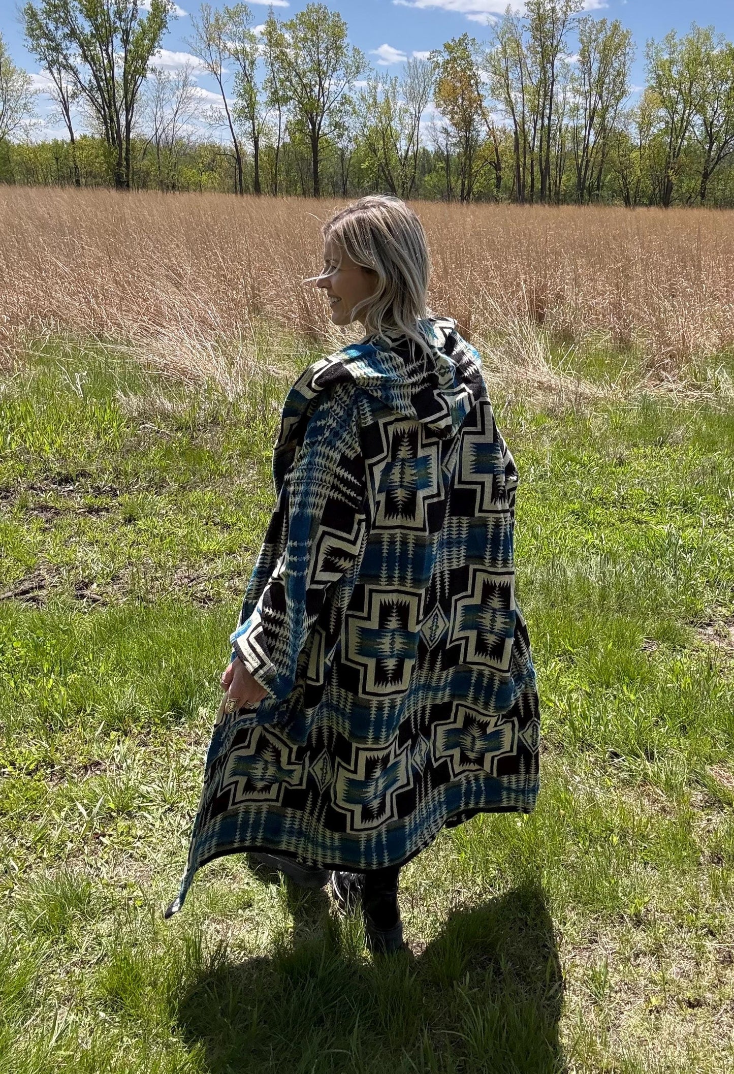 Desert Dream Blue & Cream Maxi Length Hooded Blanket Robe