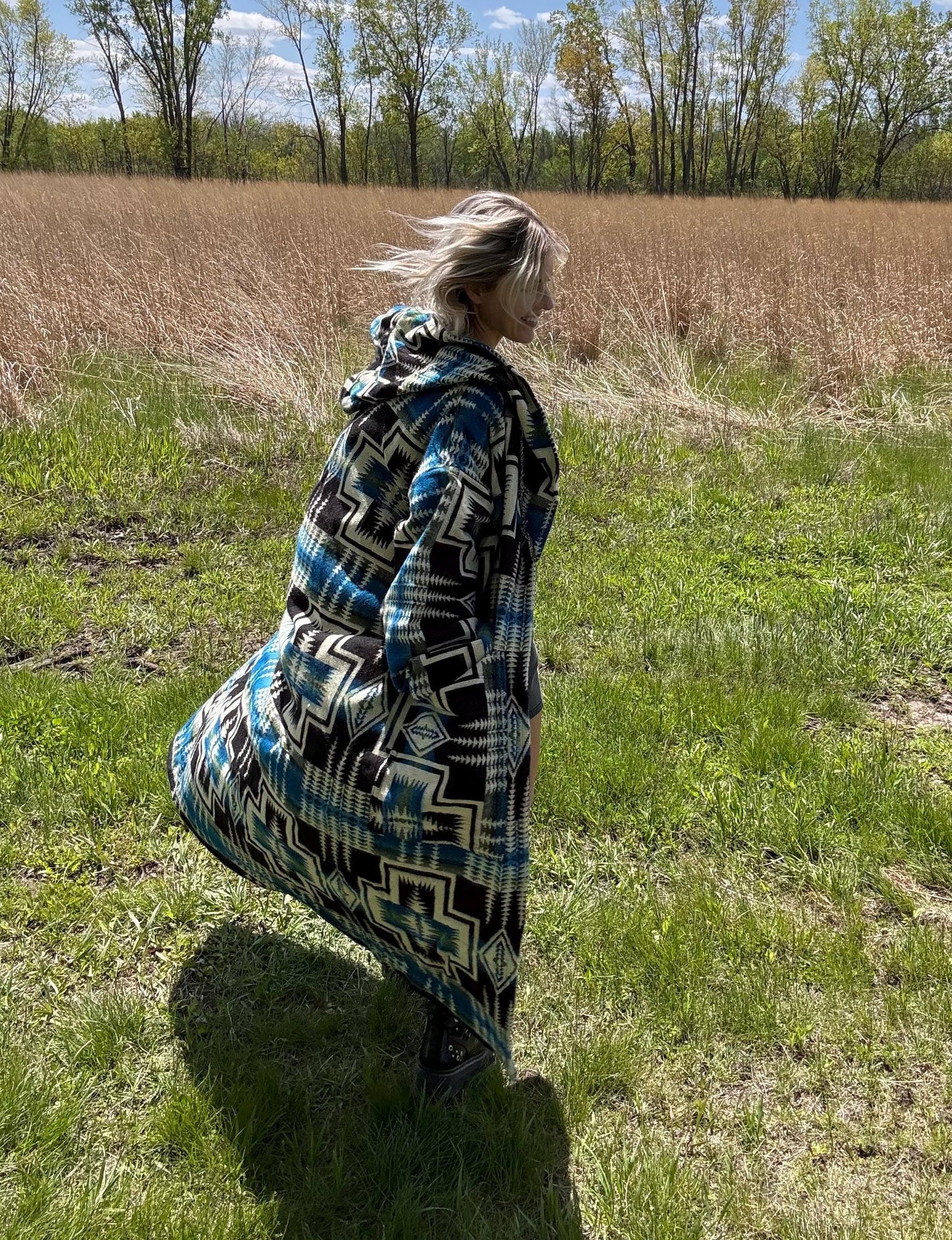 Desert Dream Blue & Cream Maxi Length Hooded Blanket Robe
