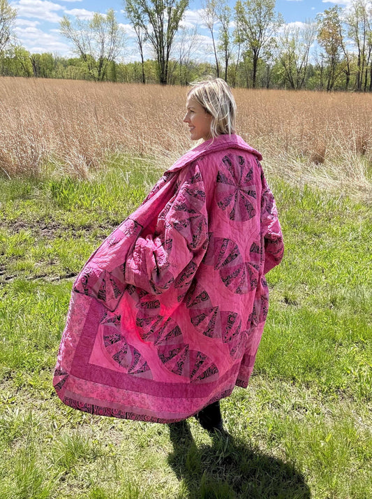 Hot Pink Wheel Of Life Oversized Maximalist Quilt Coat