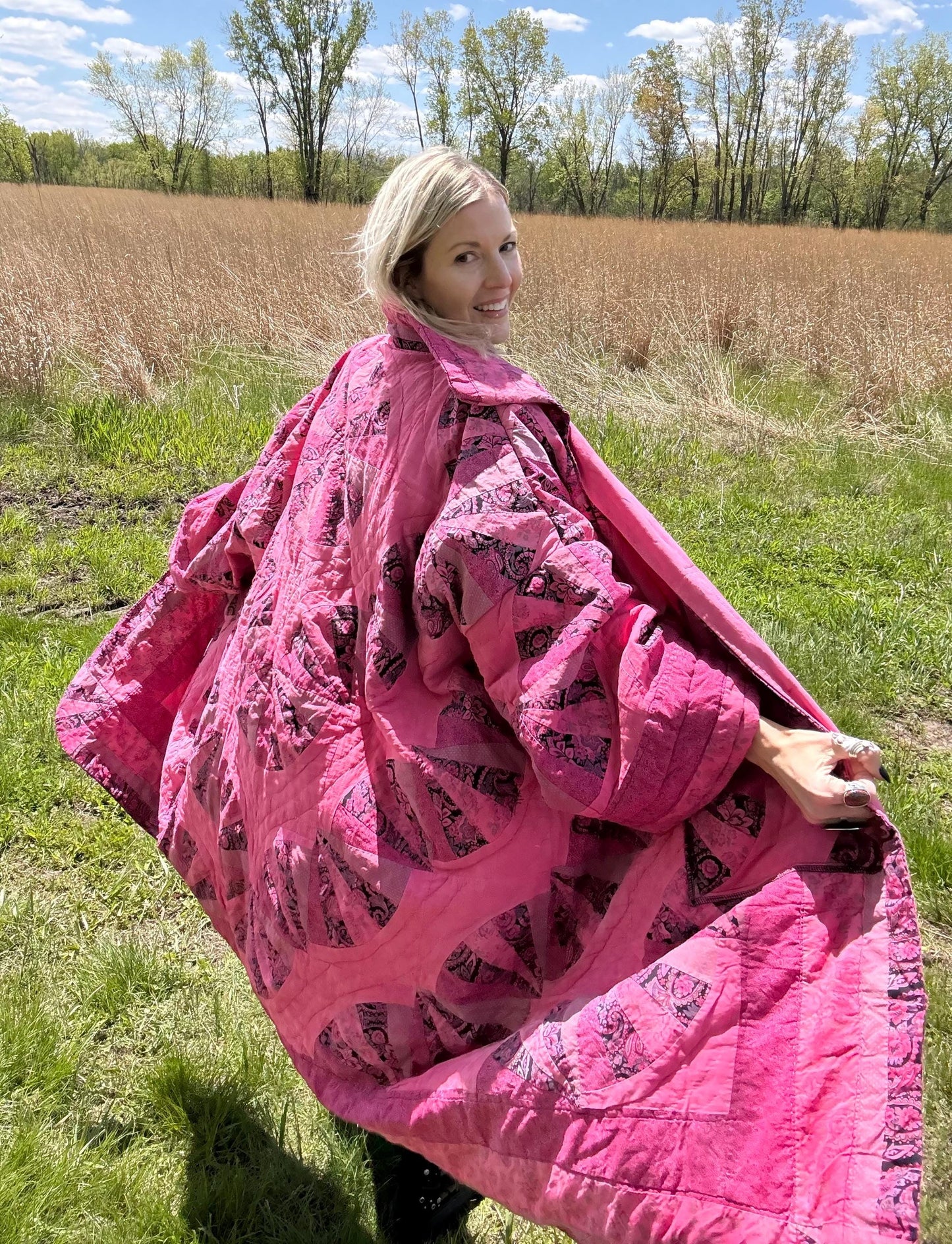 Hot Pink Wheel Of Life Oversized Maximalist Quilt Coat