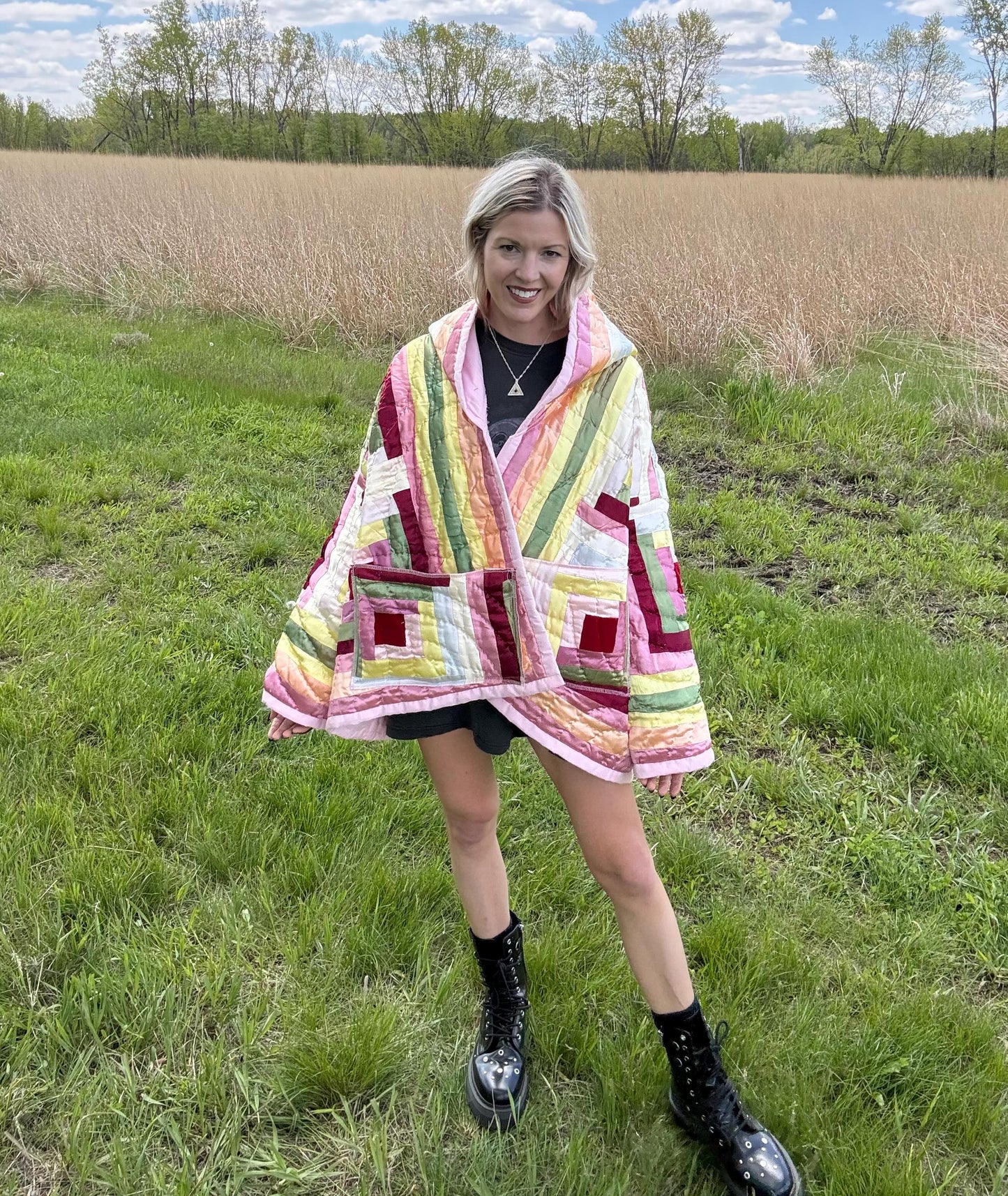 Divine Feminine Upcycled Vintage Pink Satin Quilt Jacket