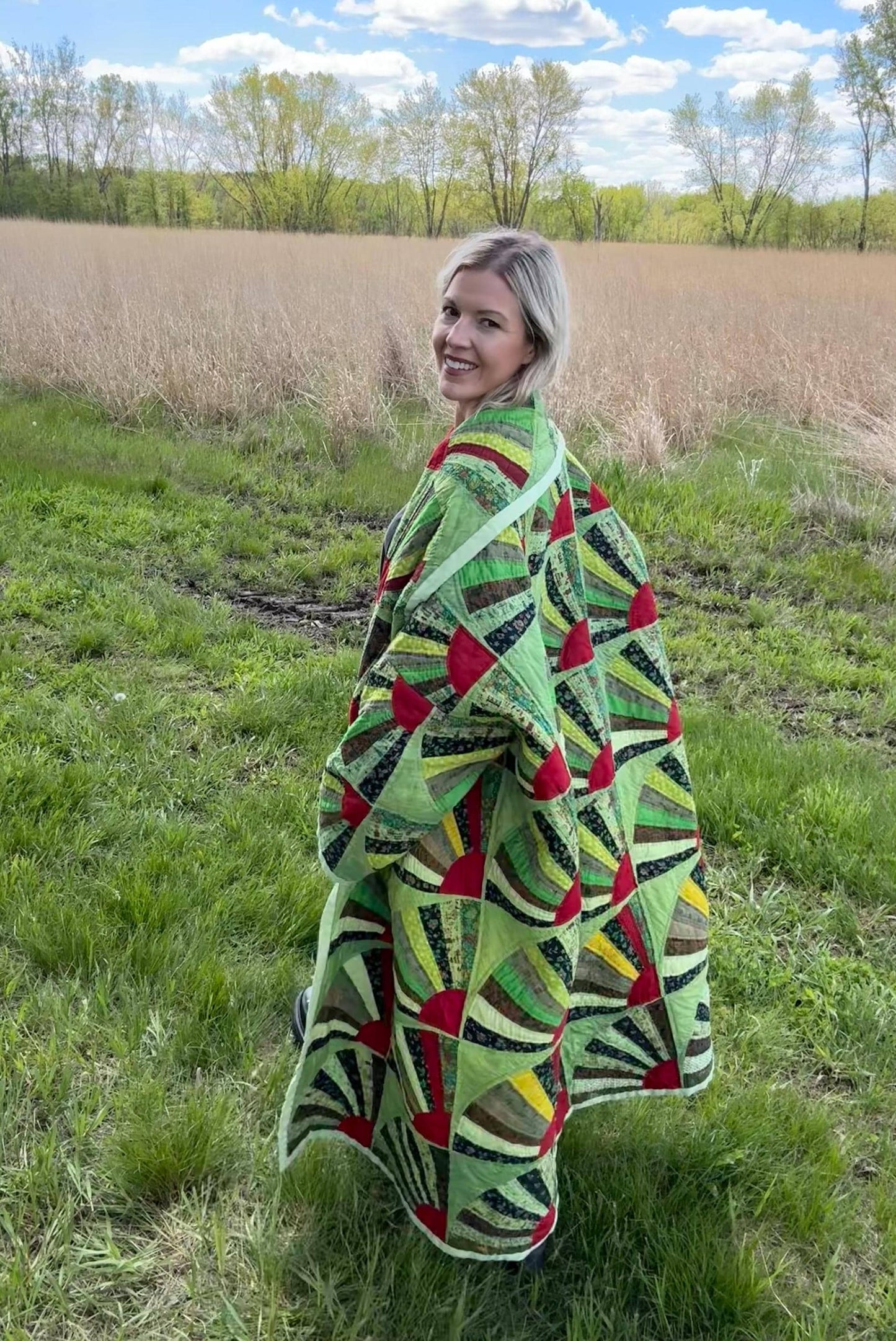 Green Apple Queen Long Maximalist Statement Quilt Coat