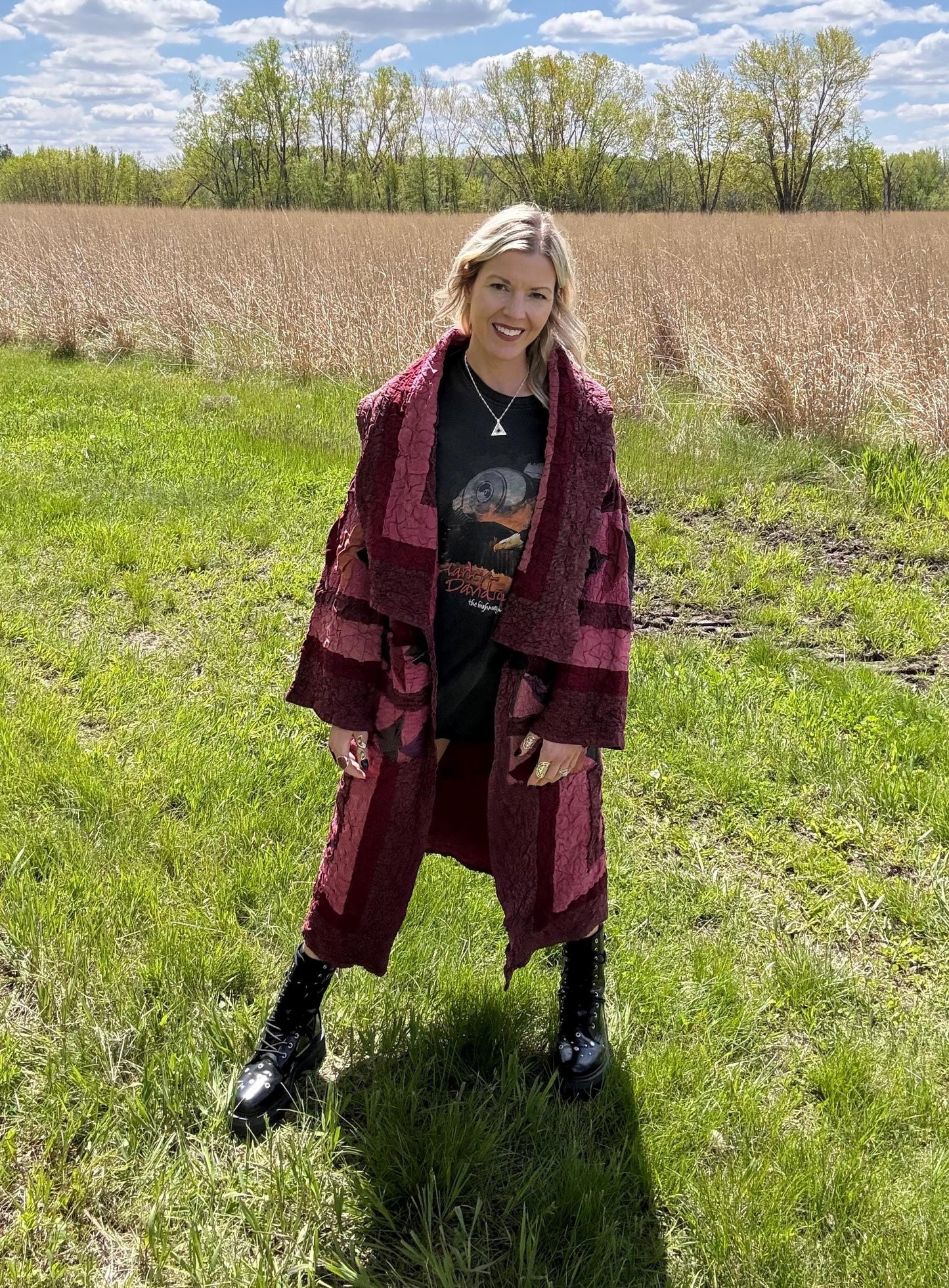 Marvelous Merlot Crinkle Patchwork Quilt Jacket