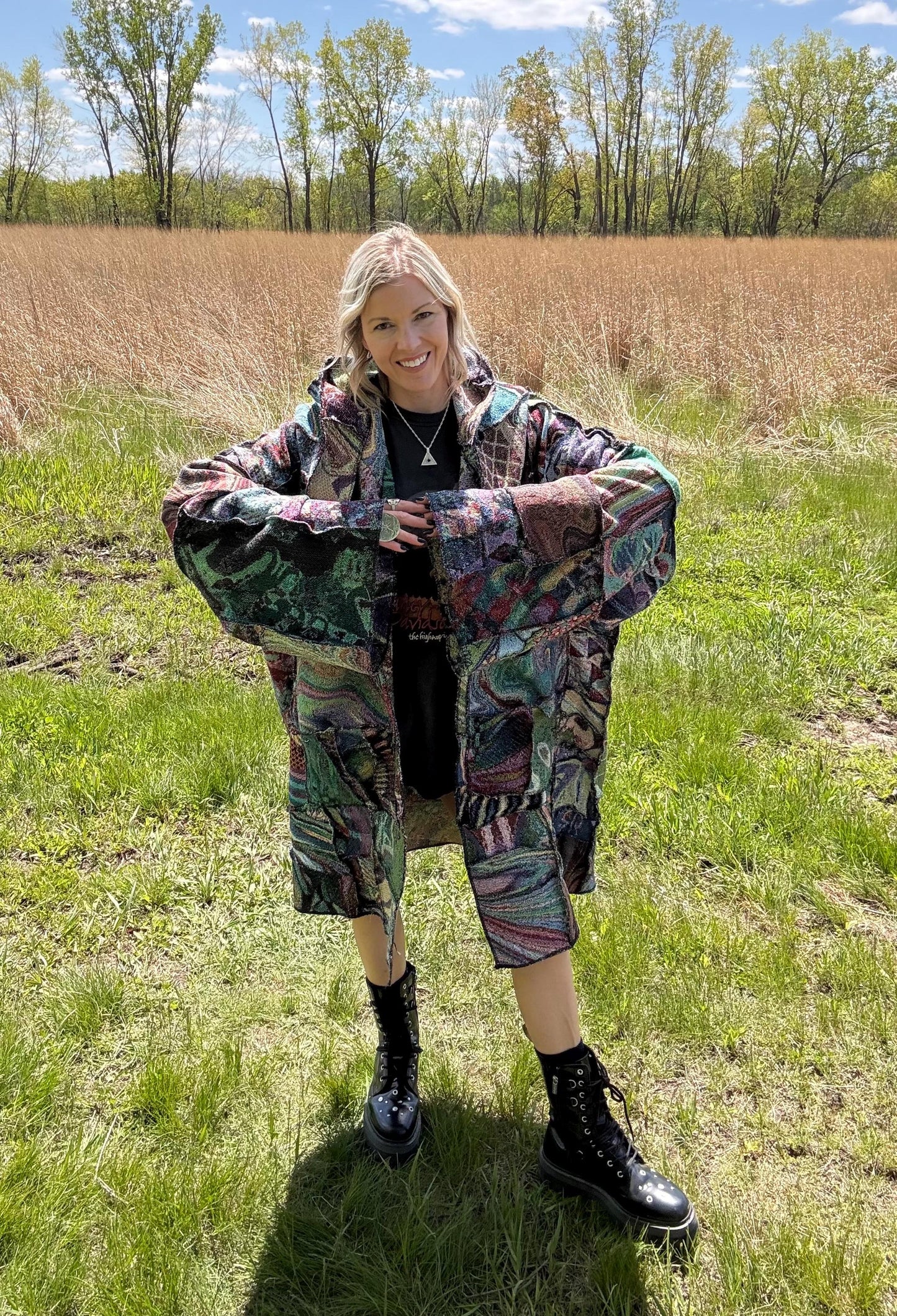Flowstate Muse Extra Oversized Reversible Psychedelic Art Patchwork Hooded Blanket Coat