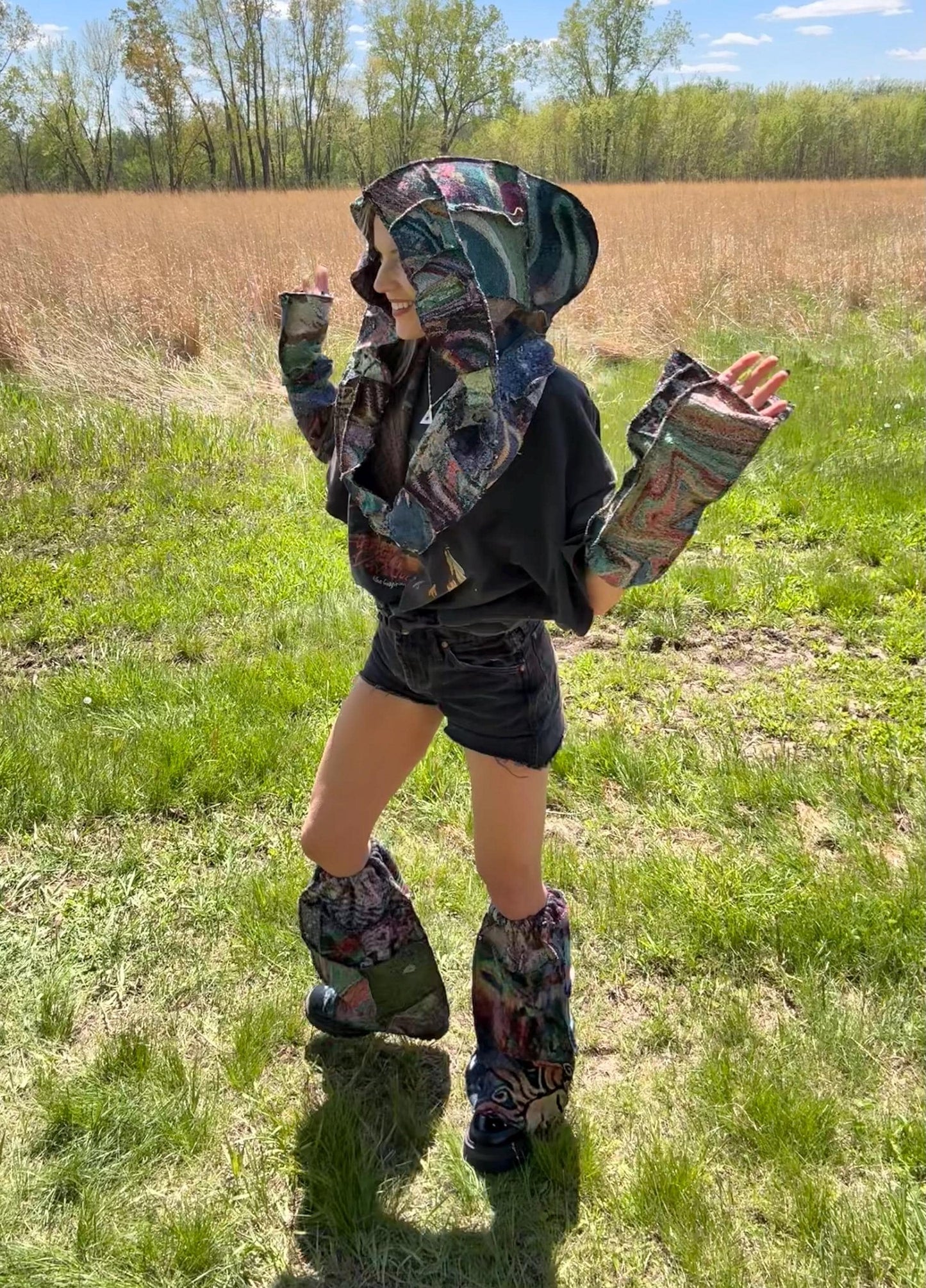Psychedelic Art Patchwork Blanket Accessory Set: Oversized Hood, Legwarmers + Armwarmers