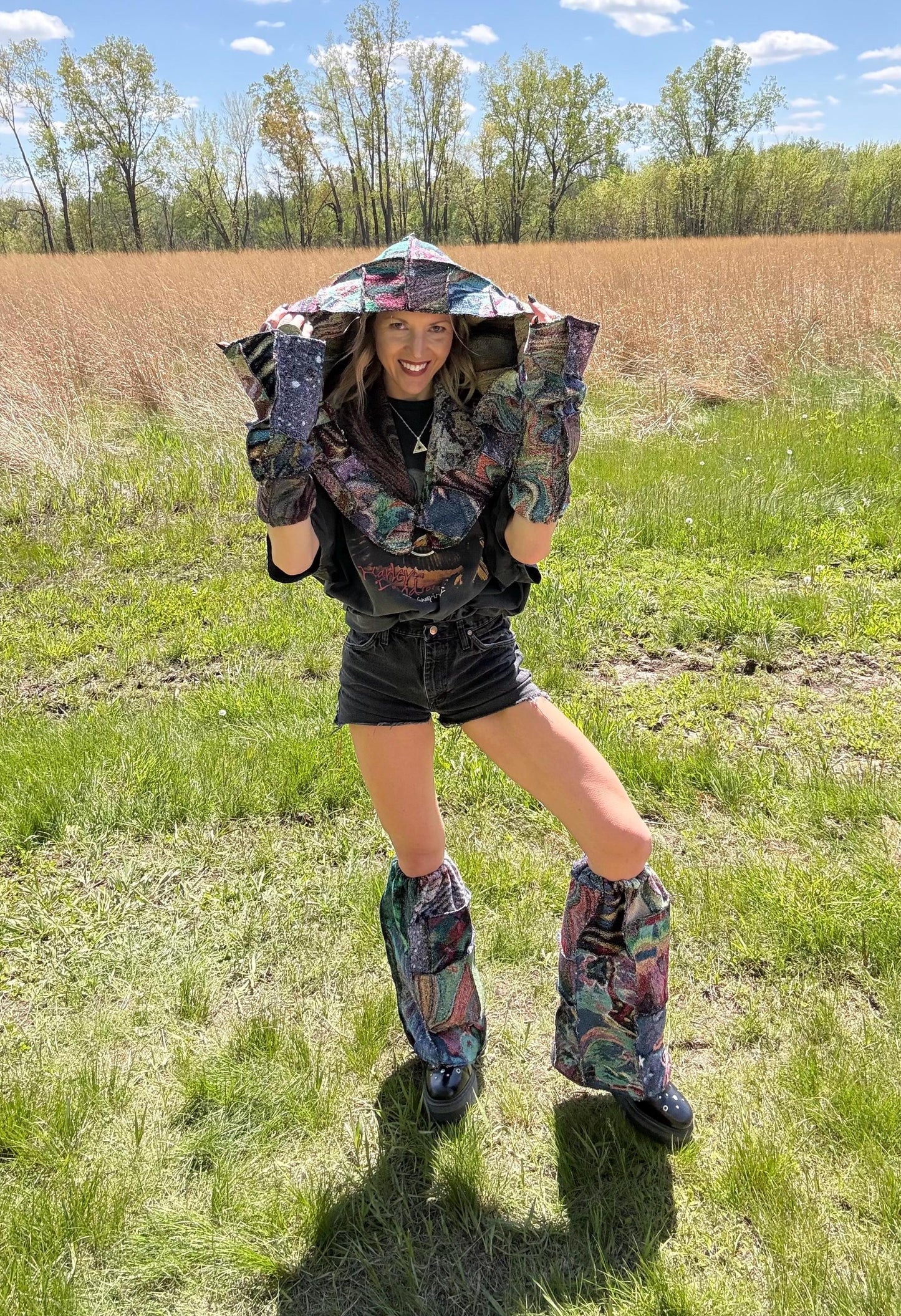 Psychedelic Art Patchwork Blanket Accessory Set: Oversized Hood, Legwarmers + Armwarmers