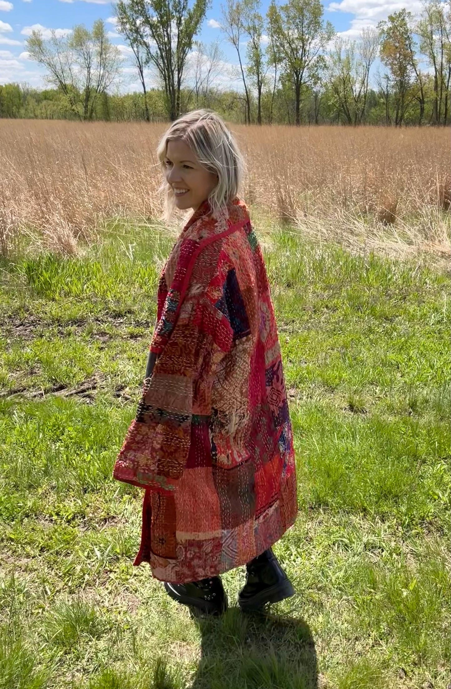 Crimson Cutie Red Silky Patchwork Quilt Duster
