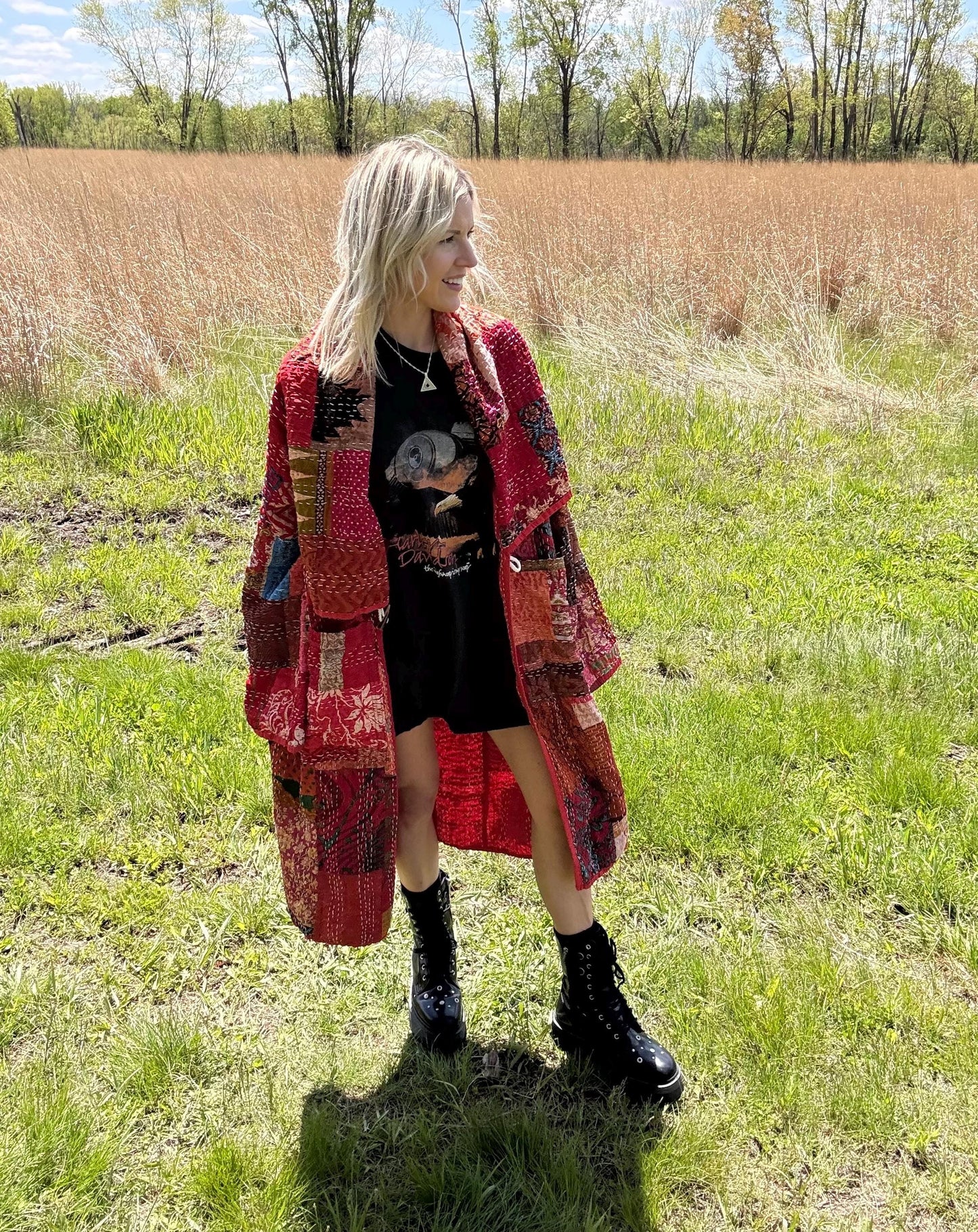 Crimson Cutie Red Silky Patchwork Quilt Duster