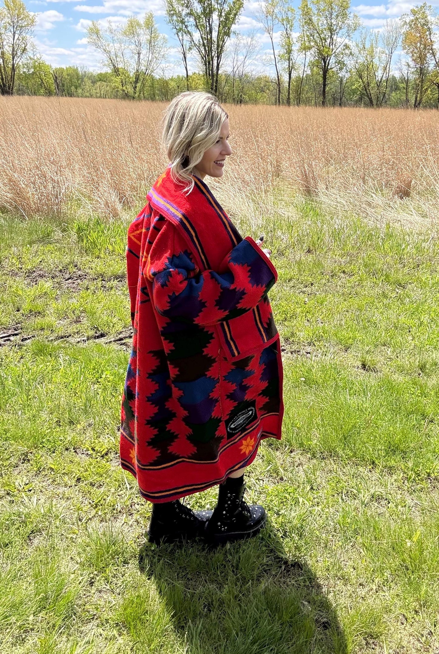 Mountain Lodge Upcycled Vintage Red Geometric Wool Blanket Coat