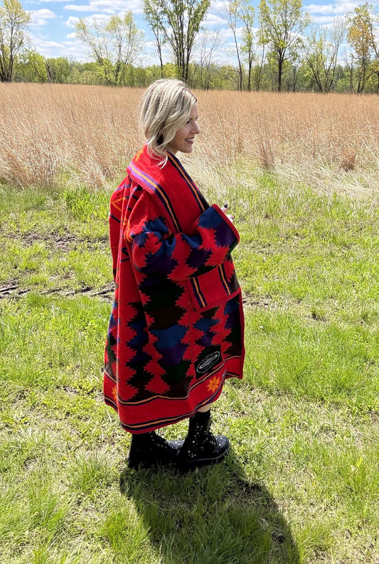 Mountain Lodge Upcycled Vintage Red Geometric Wool Blanket Coat