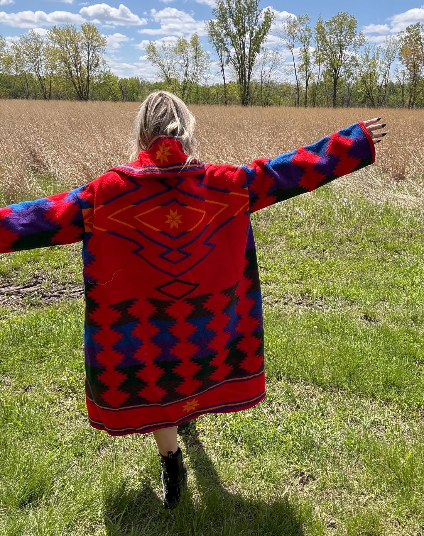 Mountain Lodge Upcycled Vintage Red Geometric Wool Blanket Coat
