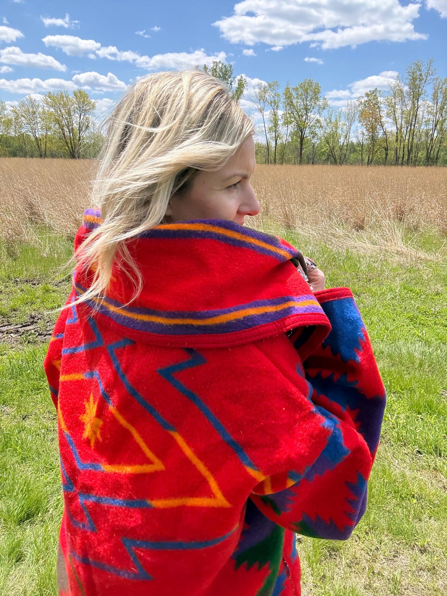Mountain Lodge Upcycled Vintage Red Geometric Wool Blanket Coat