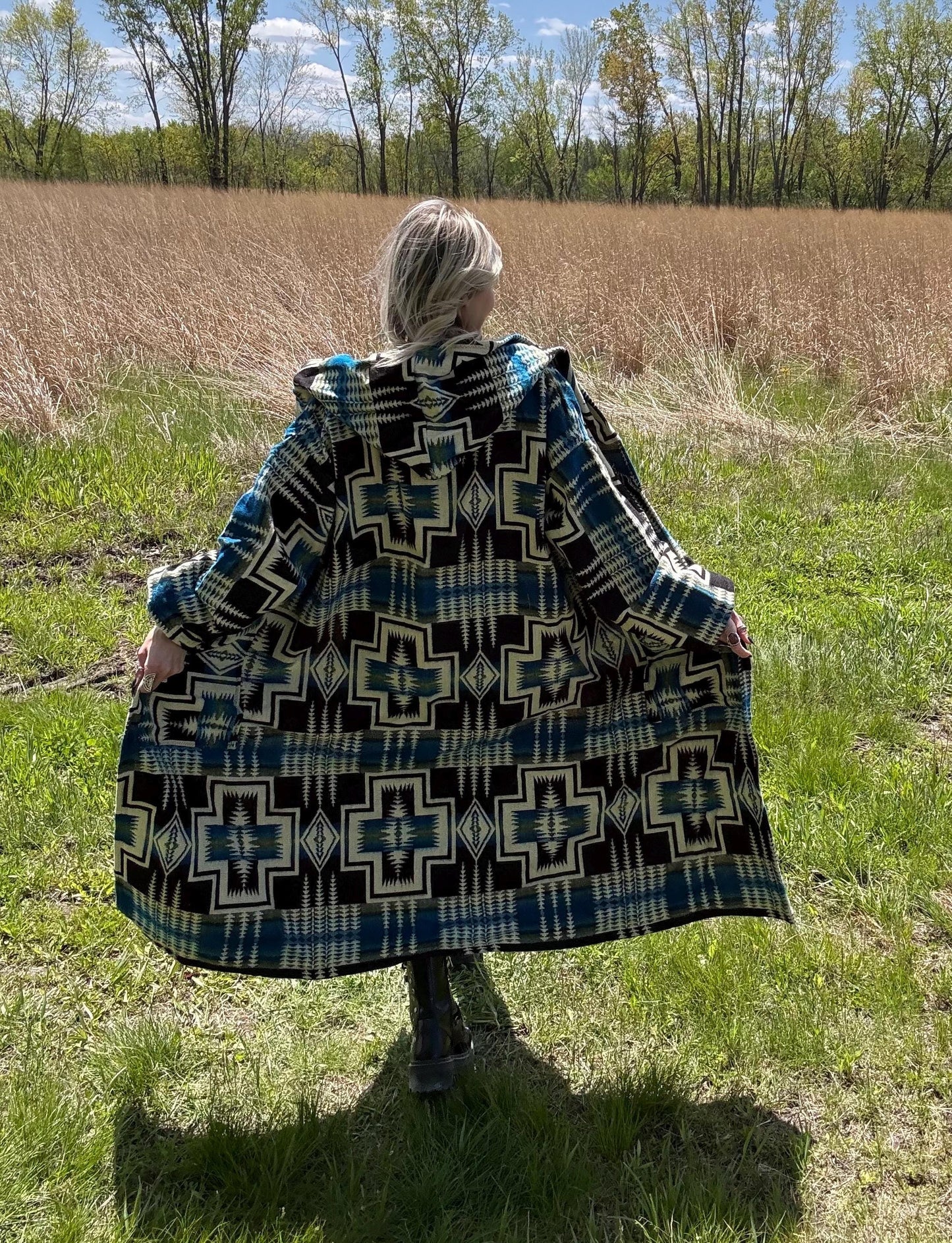 Desert Dream Blue & Cream Maxi Length Hooded Blanket Robe