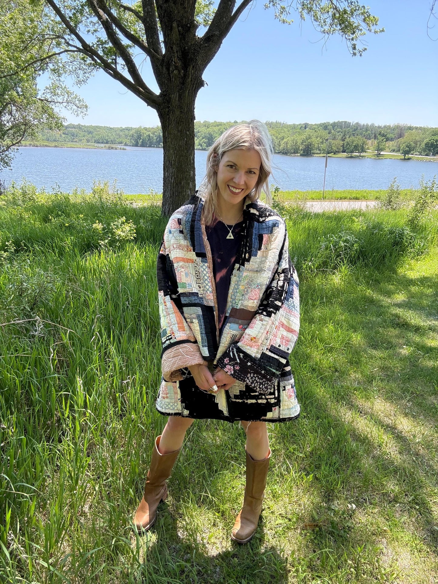 Tattered Distressed Black & White Upcycled Antique Quilt Coat