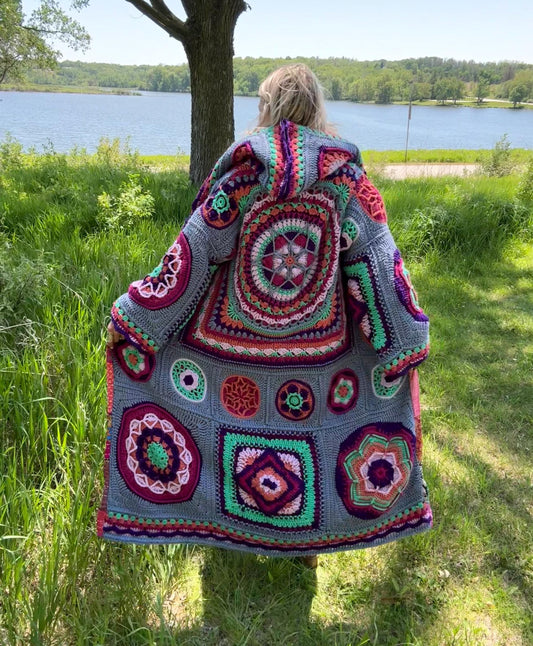 Romantic Mandalas Steel Blue Hot Pink Fully Lined Crochet Duster