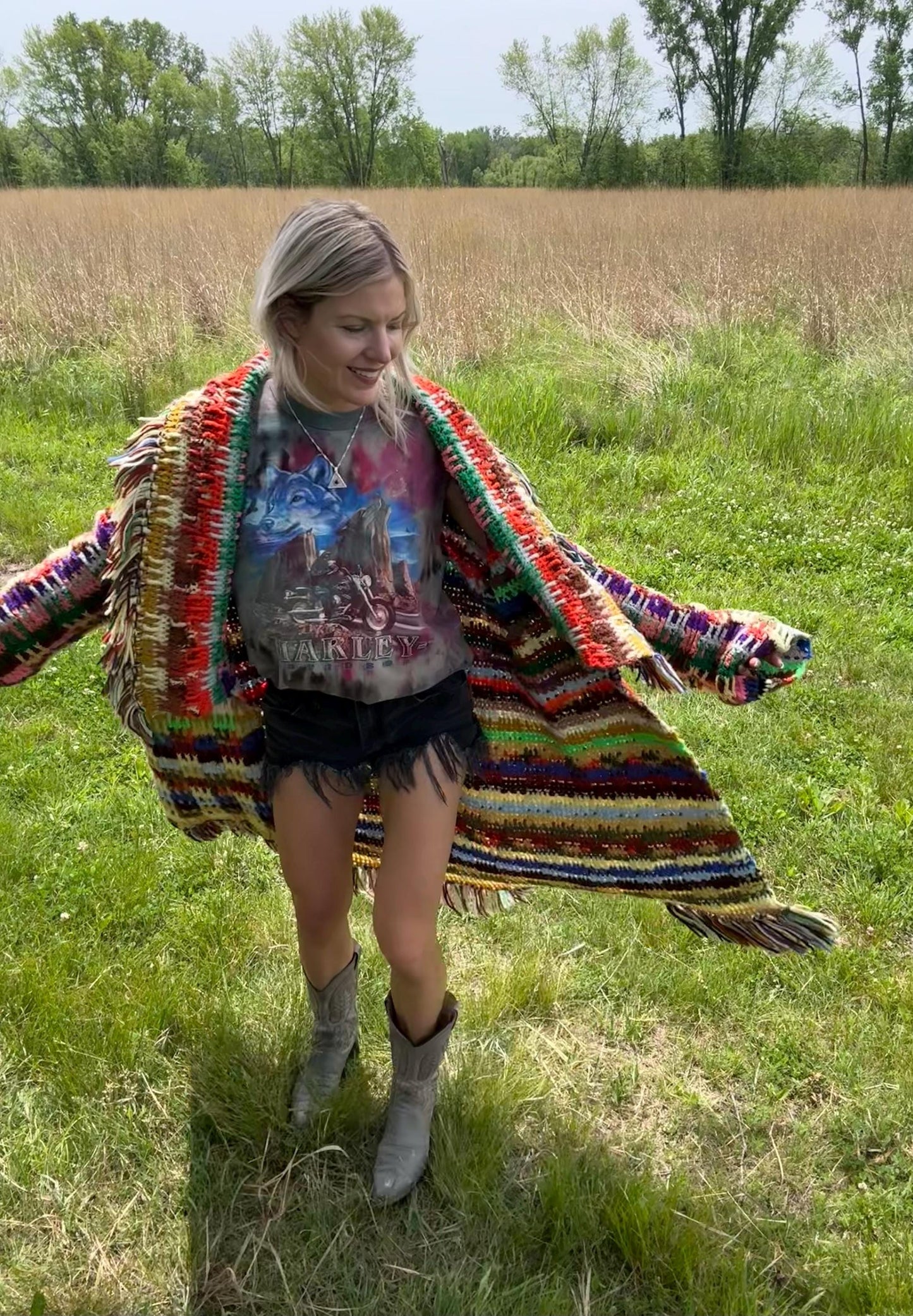 Rainbow Dreams Oversized Fringe Crochet Blanket Coat