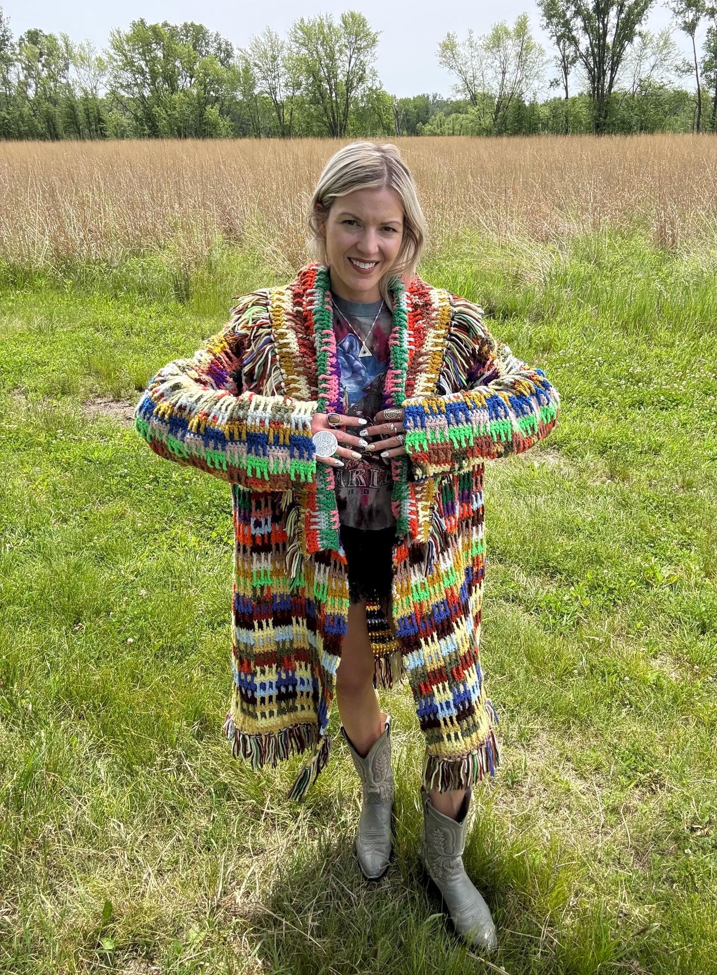 Rainbow Dreams Oversized Fringe Crochet Blanket Coat