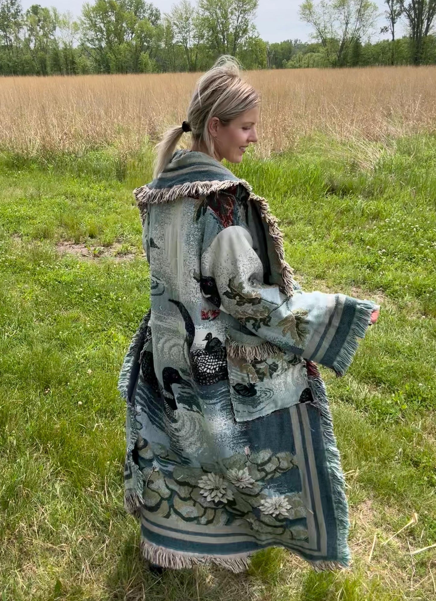 Upcycled Loon Blanket Coat: Boho Fringe Jacket, Vintage Textile Art
