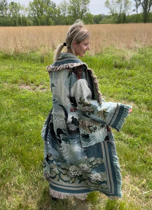Upcycled Loon Blanket Coat: Boho Fringe Jacket, Vintage Textile Art