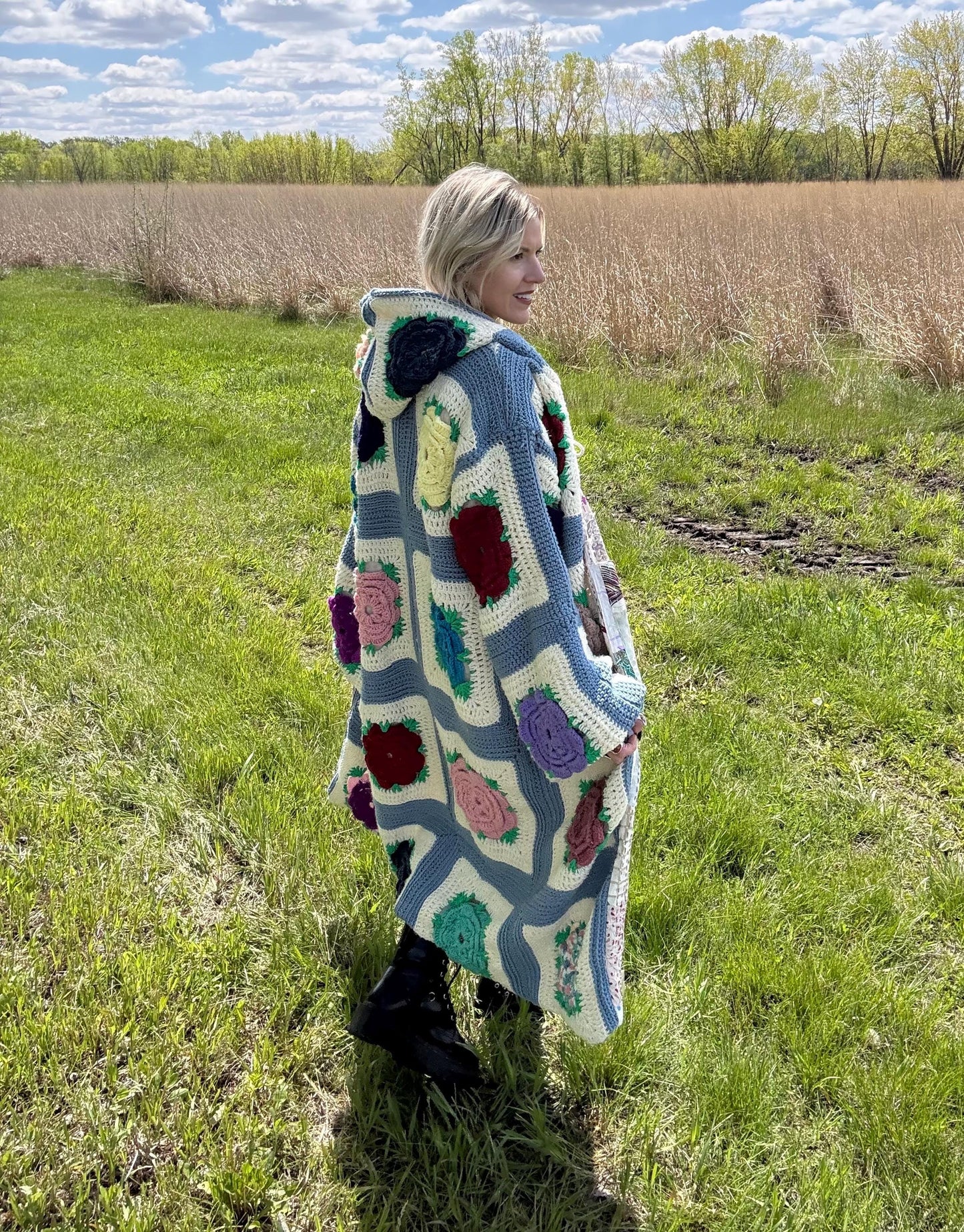 Steel Blue Roses Fully Lined Long Crochet Coat