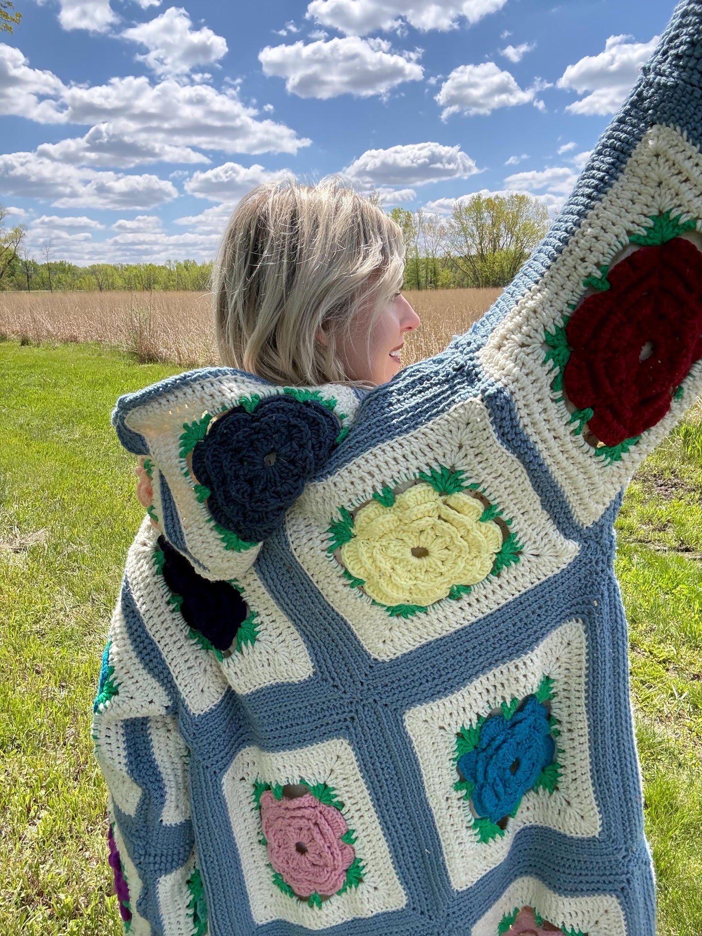 Steel Blue Roses Fully Lined Long Crochet Coat