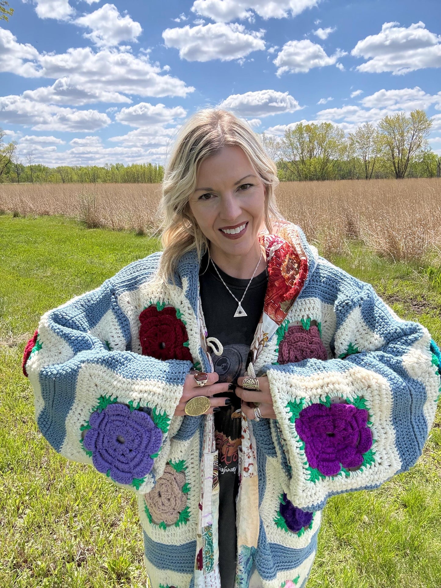 Steel Blue Roses Fully Lined Long Crochet Coat