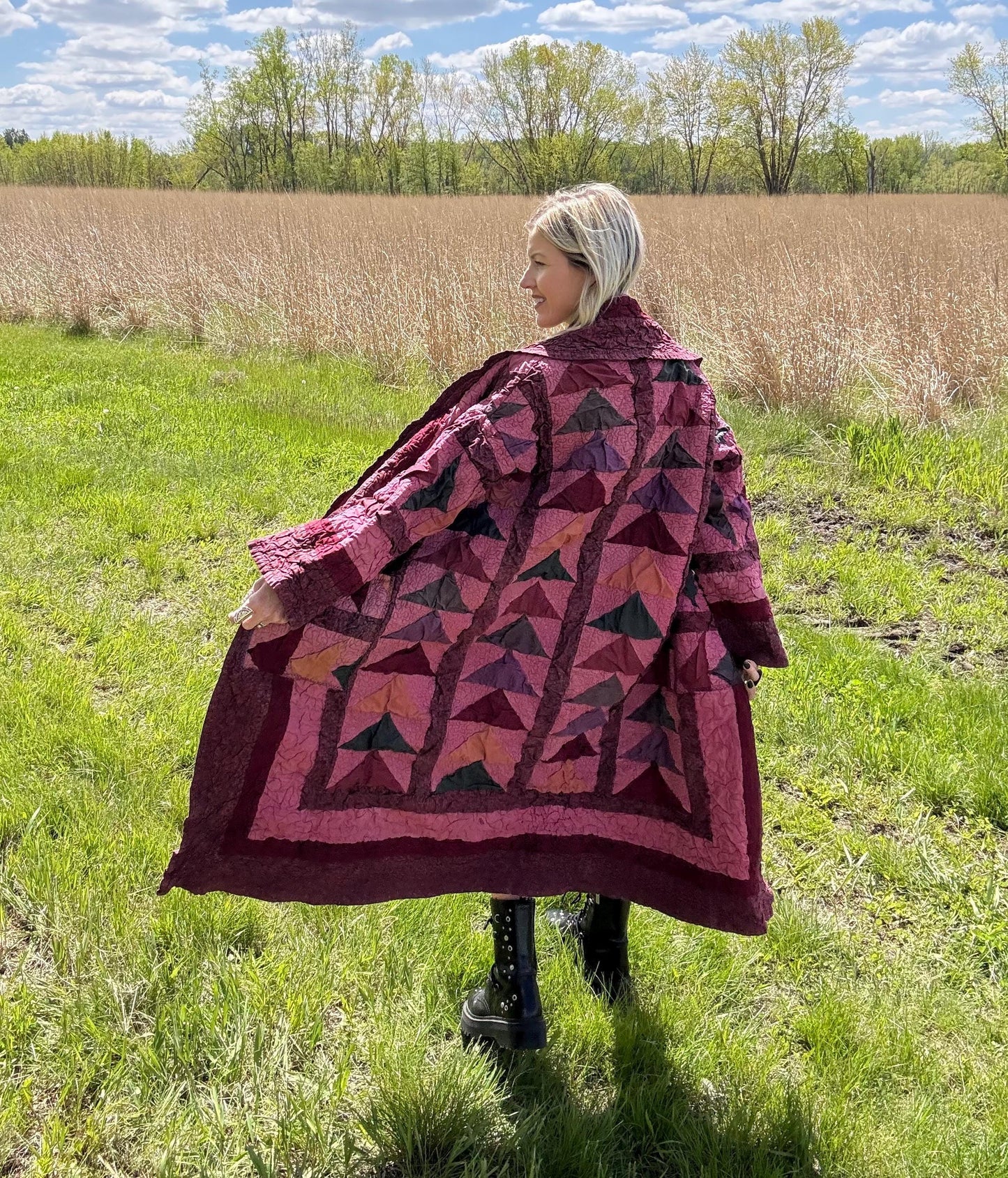 Marvelous Merlot Crinkle Patchwork Quilt Jacket