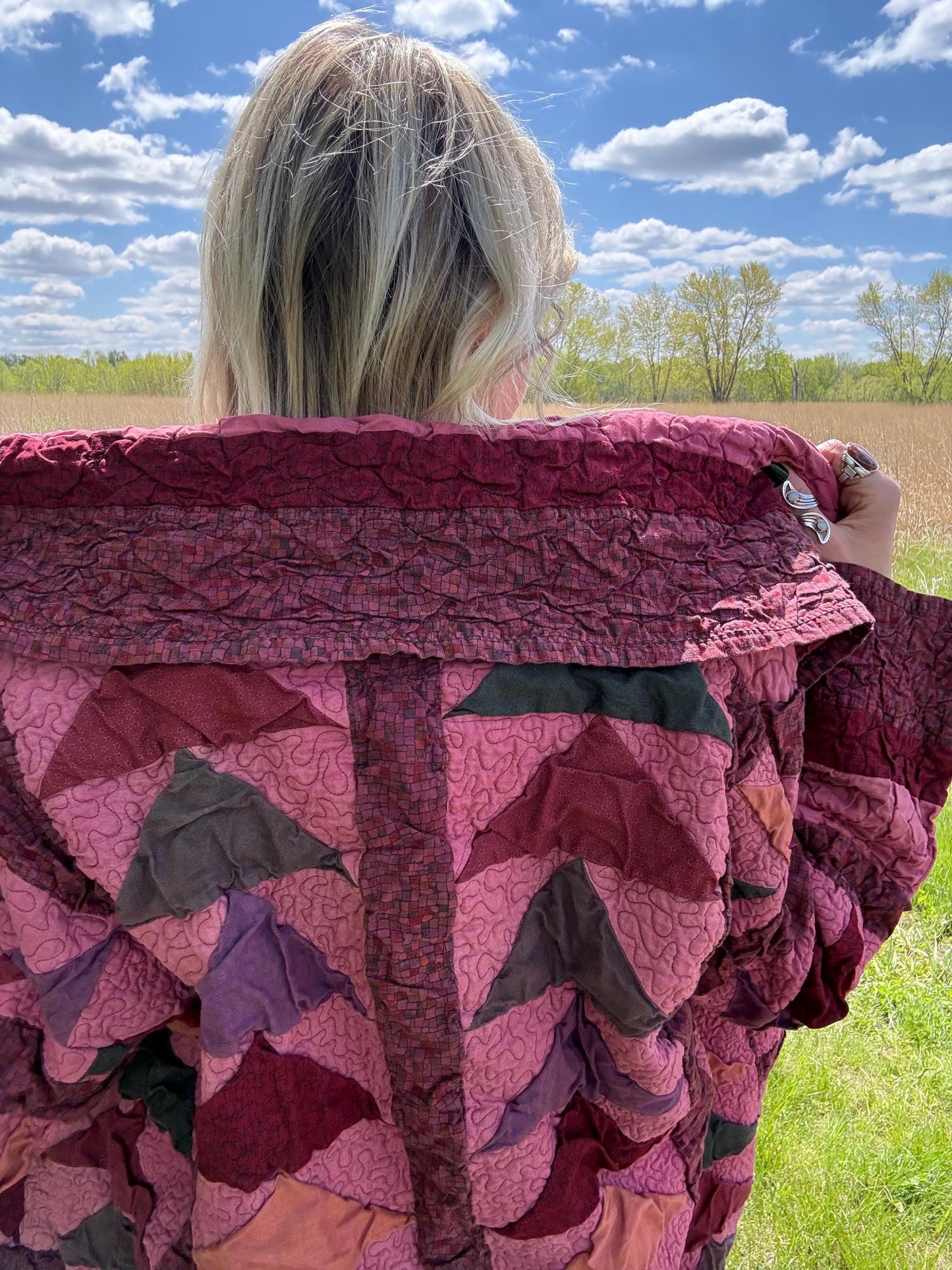 Marvelous Merlot Crinkle Patchwork Quilt Jacket