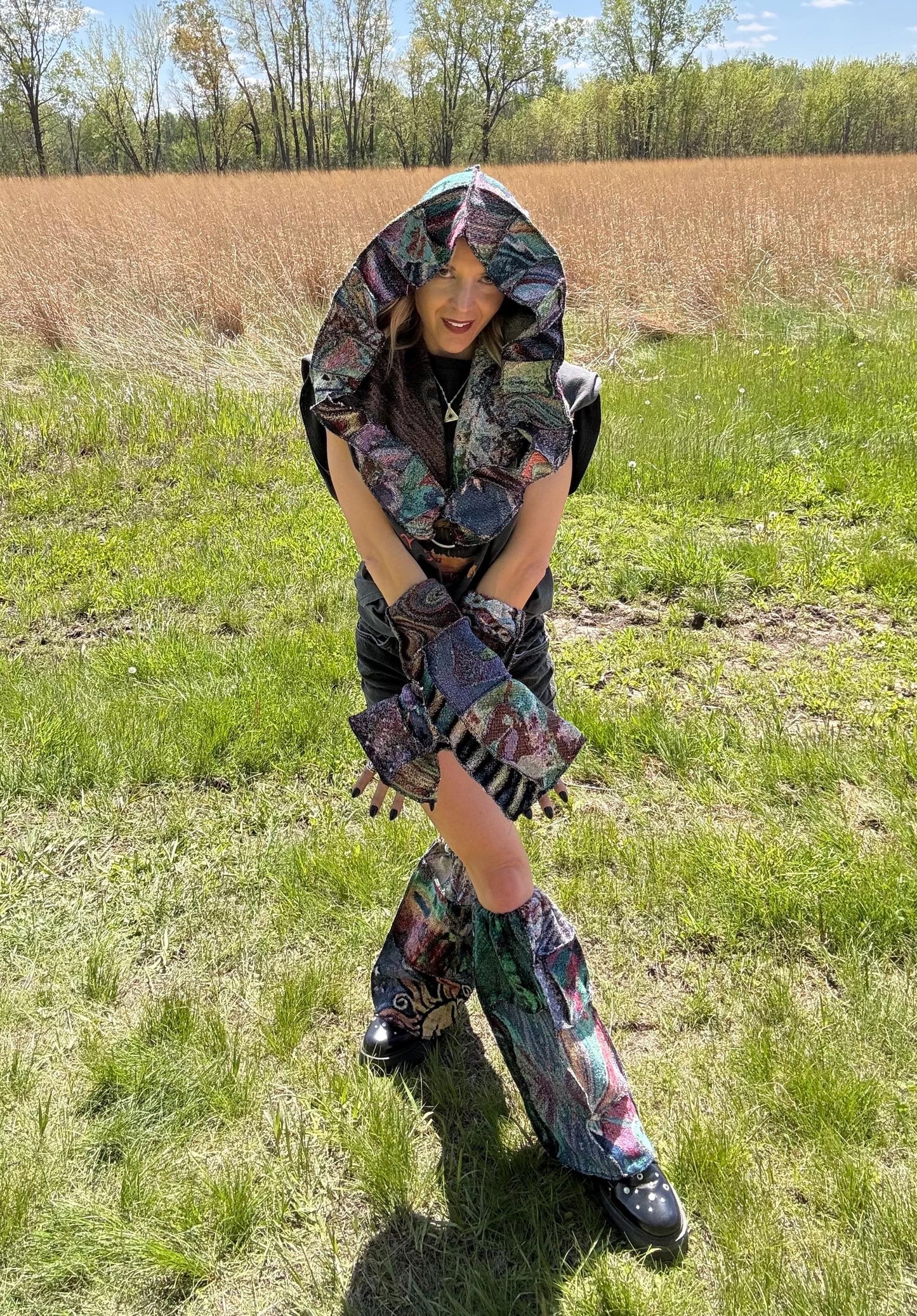 Psychedelic Art Patchwork Blanket Accessory Set: Oversized Hood, Legwarmers + Armwarmers