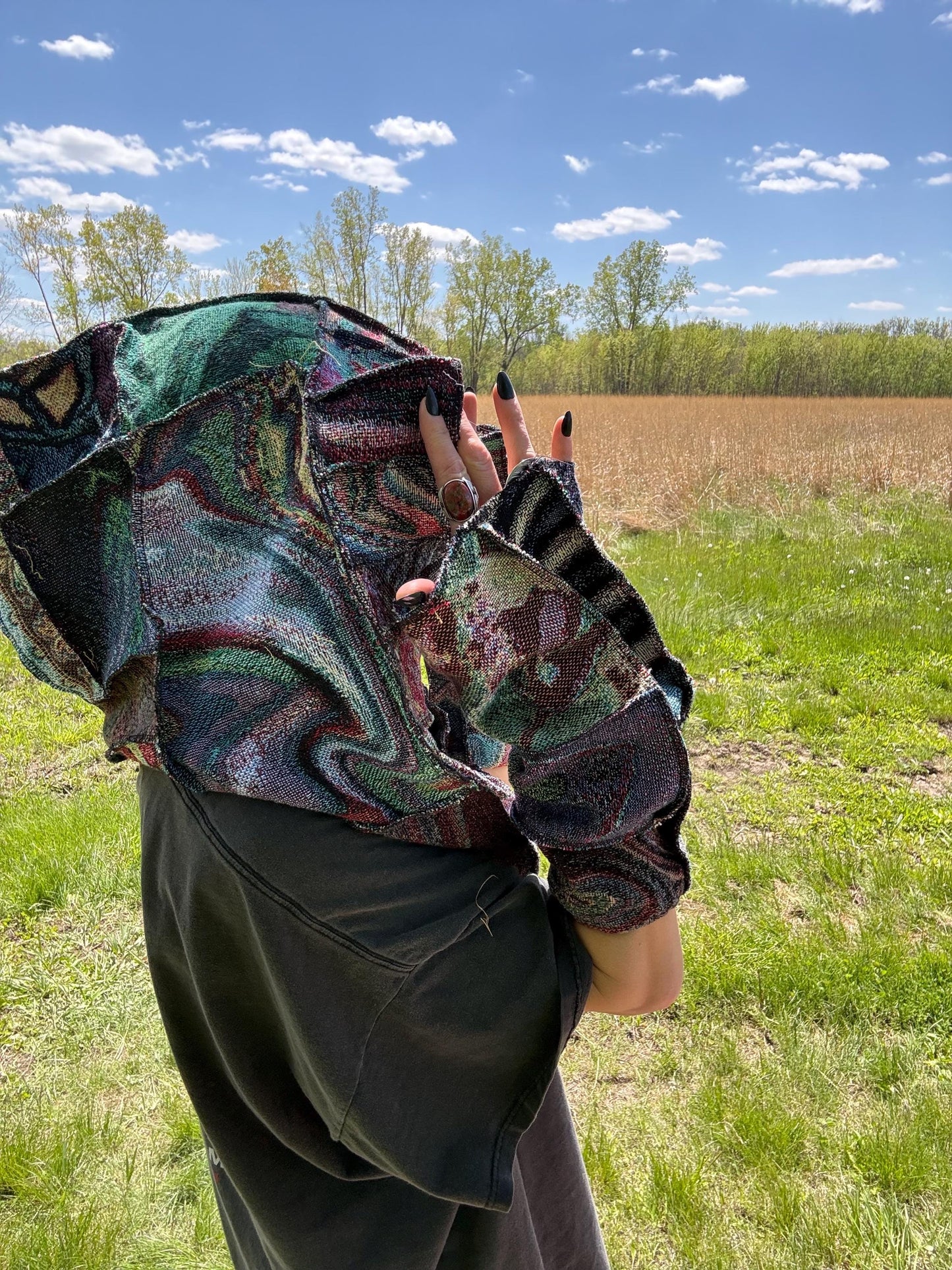 Psychedelic Art Patchwork Blanket Accessory Set: Oversized Hood, Legwarmers + Armwarmers