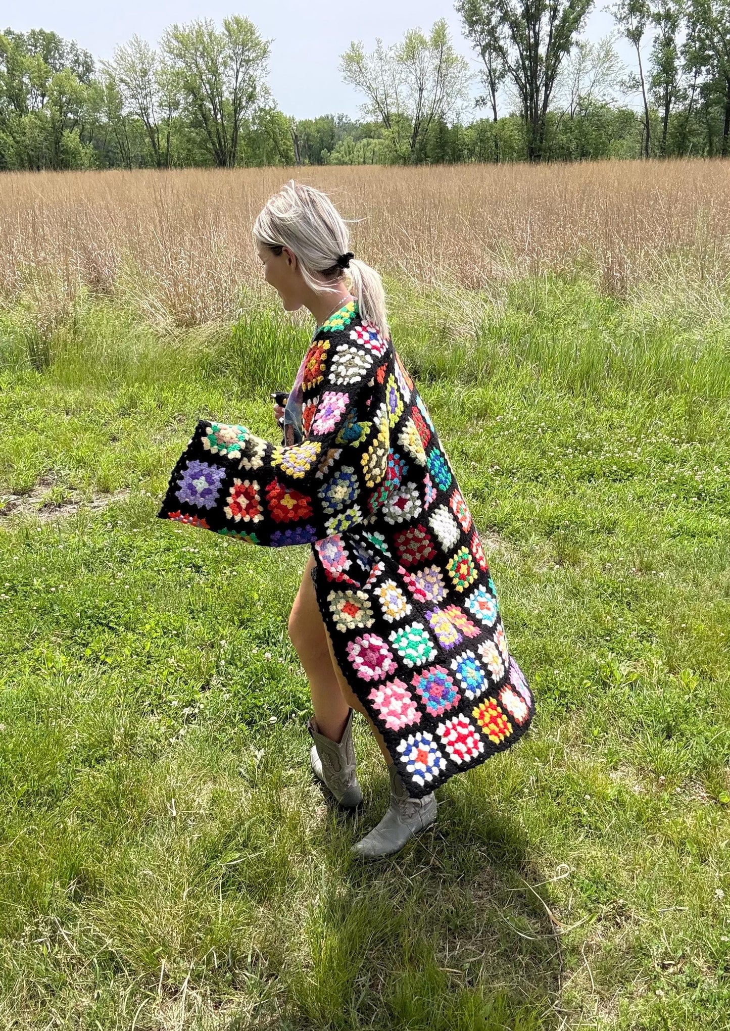 Upcycled Vintage Granny Square Crochet Sweater Coat