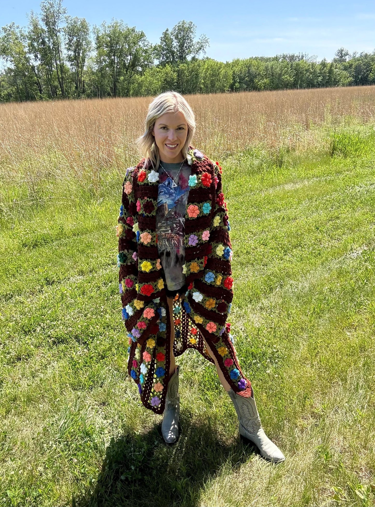 Rainbow Roses Brown Boho Crochet Cardigan