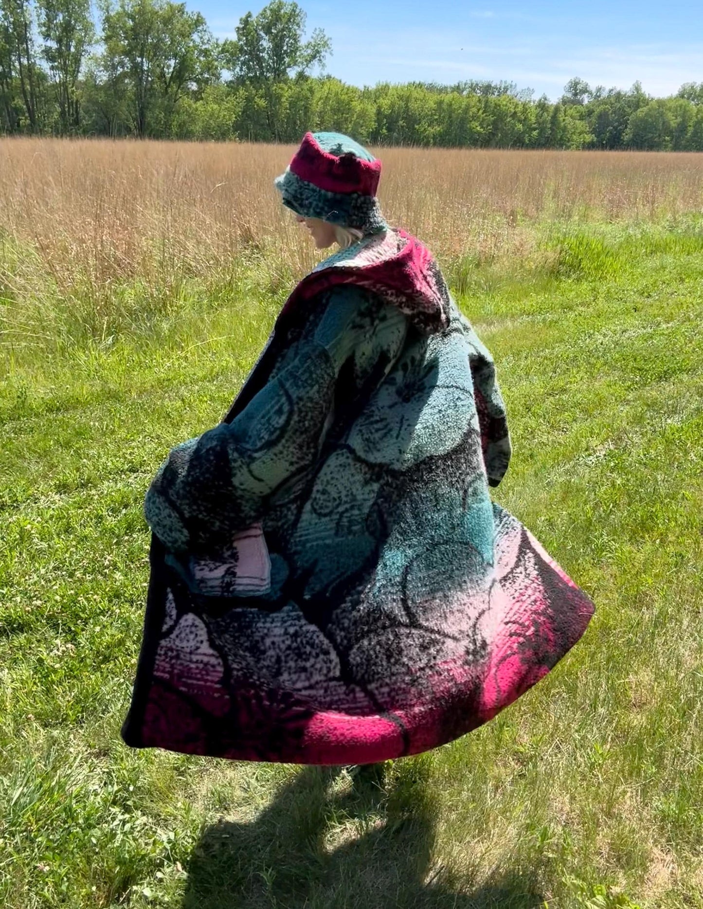 Jewel Toned Hibiscus Flower Maximalist Reversible Fleece Quilt Coat