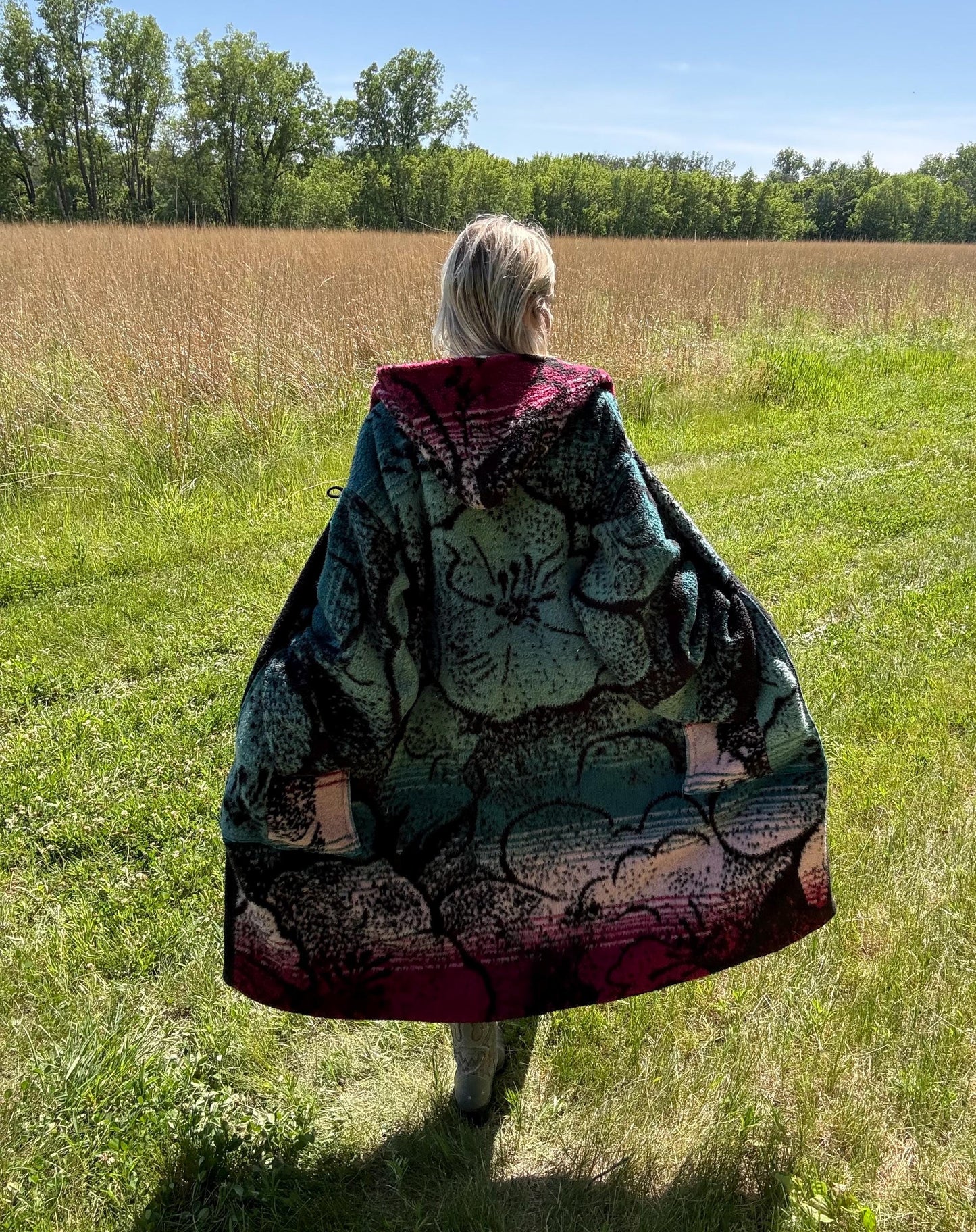 Jewel Toned Hibiscus Flower Maximalist Reversible Fleece Quilt Coat