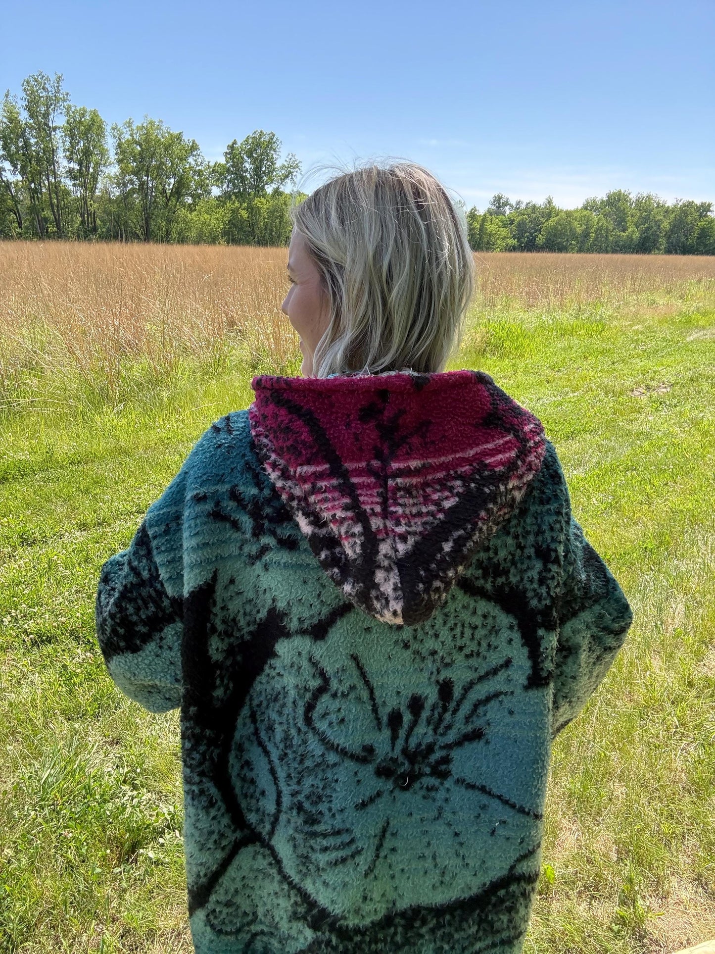 Jewel Toned Hibiscus Flower Maximalist Reversible Fleece Quilt Coat