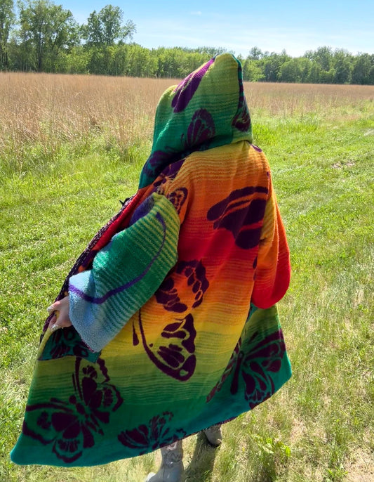 Rainbow Butterfly Maximalist Reversible Fleece Quilt Coat